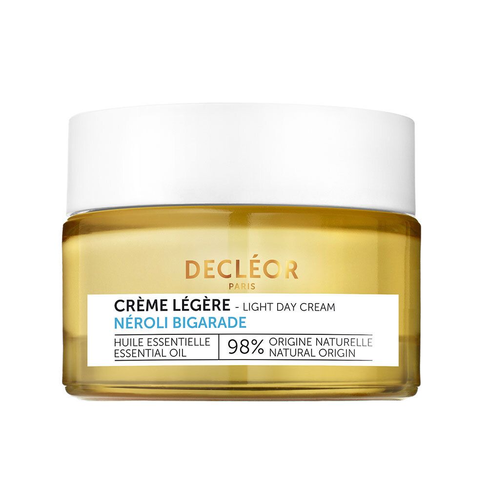 Pot de crème avec couvercle blanc. Inscription: Decléor Paris, Crème Légère, Néroli Bigarade, 98% origine naturelle.