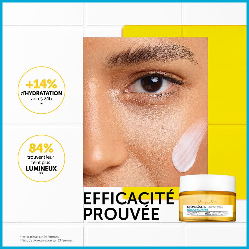 Visage d'une femme avec crème. Texte: +14% hydratation, 84% teint lumineux. Pot Crème Légère.