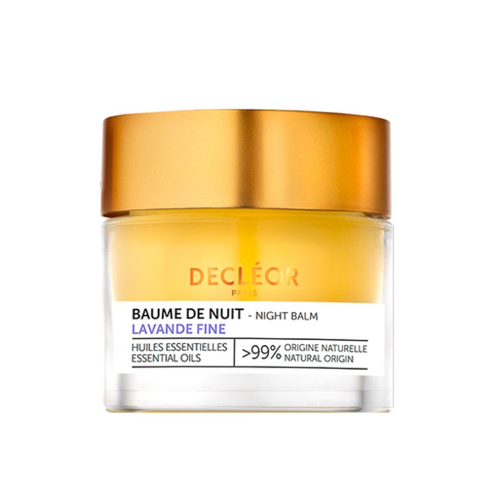 Pot en verre avec couvercle doré. Contient un baume jaunâtre. Inscription : Decléor, Baume de Nuit Lavande Fine.