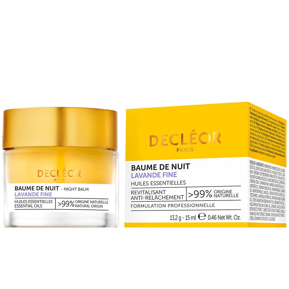 Emballage et pot. Boîte jaune et verre avec couvercle doré. Inscription : Decléor, Baume de Nuit Lavande Fine.