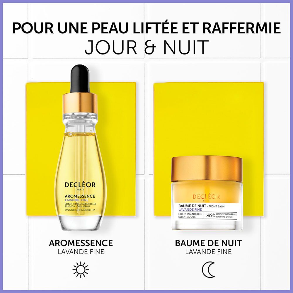 Deux produits sur carrés jaunes. À gauche : Aromessence. À droite : Baume de Nuit. Texte : Aromessence Lavande Fine, Baume de Nuit Lavande Fine.