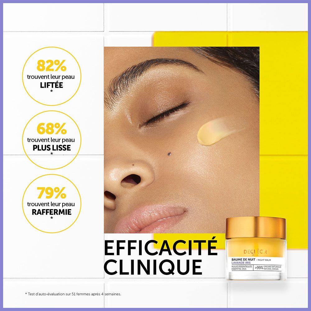 Visage d'une femme avec crème appliquée. À droite : pot Baume de Nuit. Texte : Efficacité Clinique.