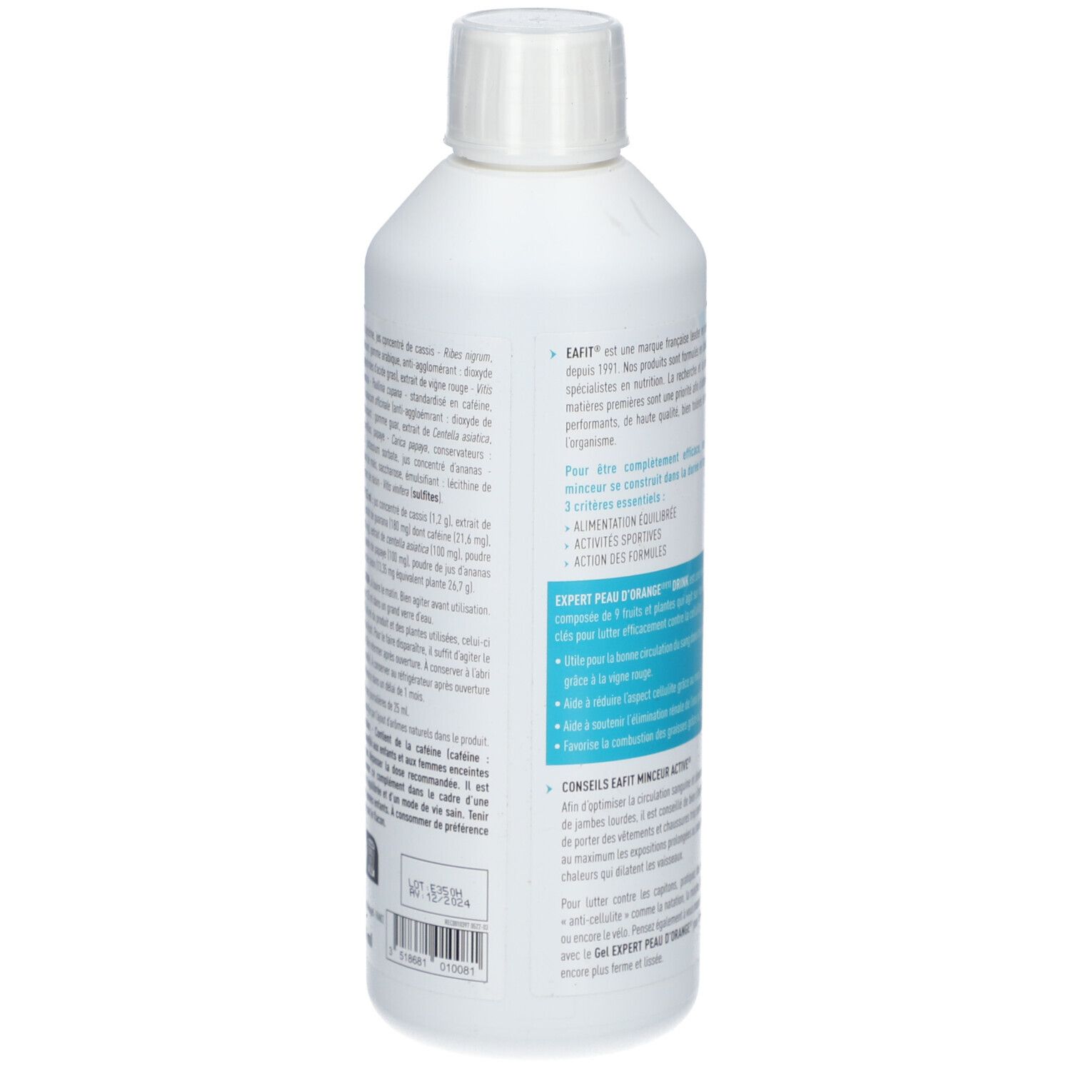 Arrière d'une bouteille blanche avec étiquette listant les ingrédients et les instructions d'utilisation.