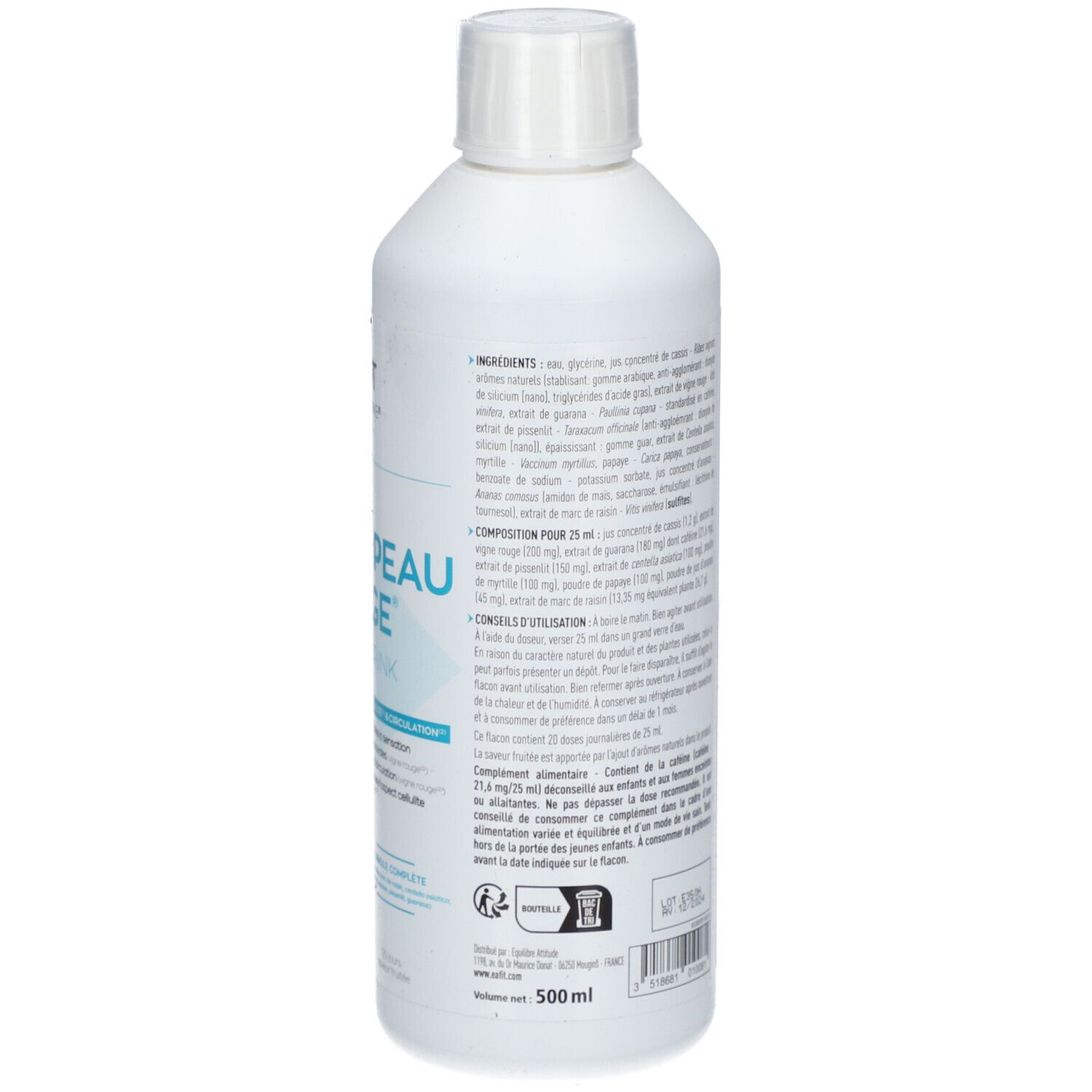 Arrière d'une bouteille blanche, montre les ingrédients, la composition et le volume (500ml).
