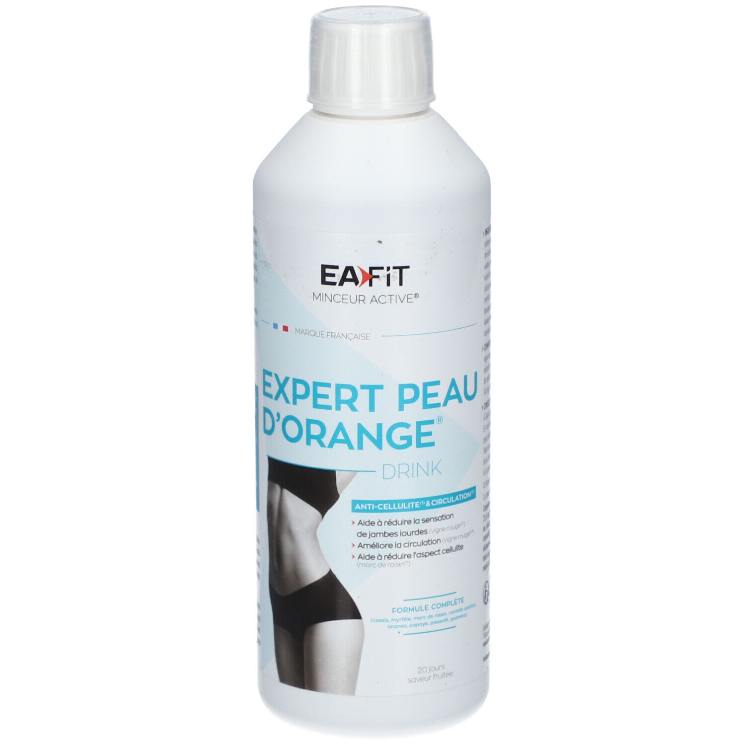 Bouteille blanche étiquetée 'EXPERT PEAU D'ORANGE DRINK', avec silhouette féminine et caractéristiques du produit.