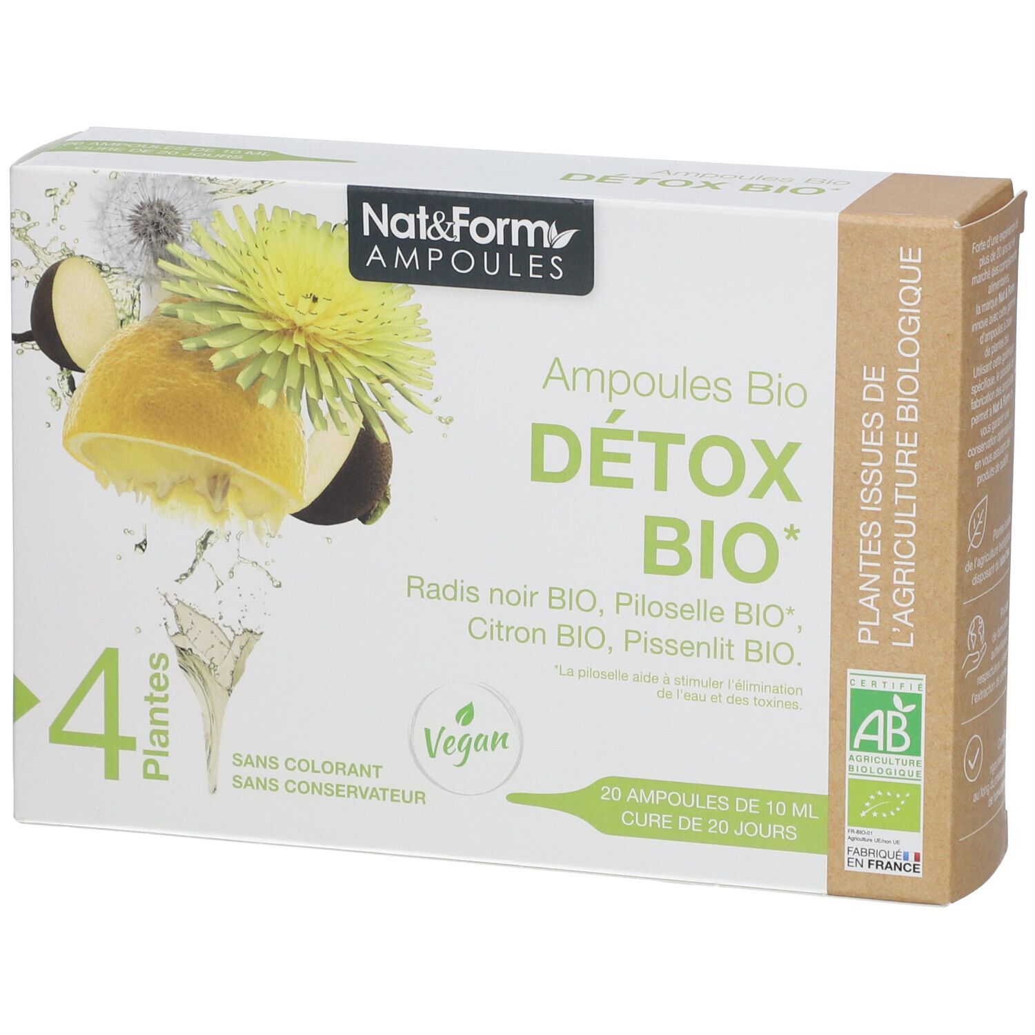 Boîte Nat & Form Ampoules Detox Bio. Contient 4 plantes, 20 ampoules. Label Vegan et certification AB.