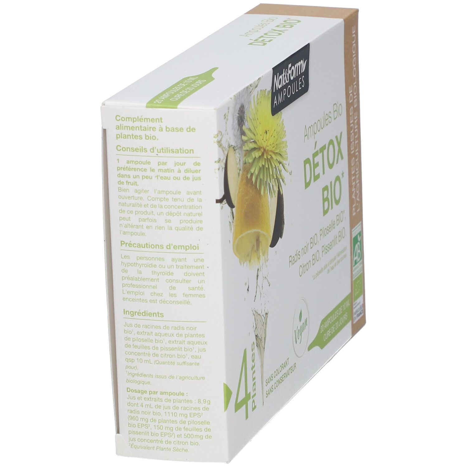 Boîte Nat & Form Ampoules Detox Bio, en biais. Contient 4 plantes, 20 ampoules. Label Vegan et AB.