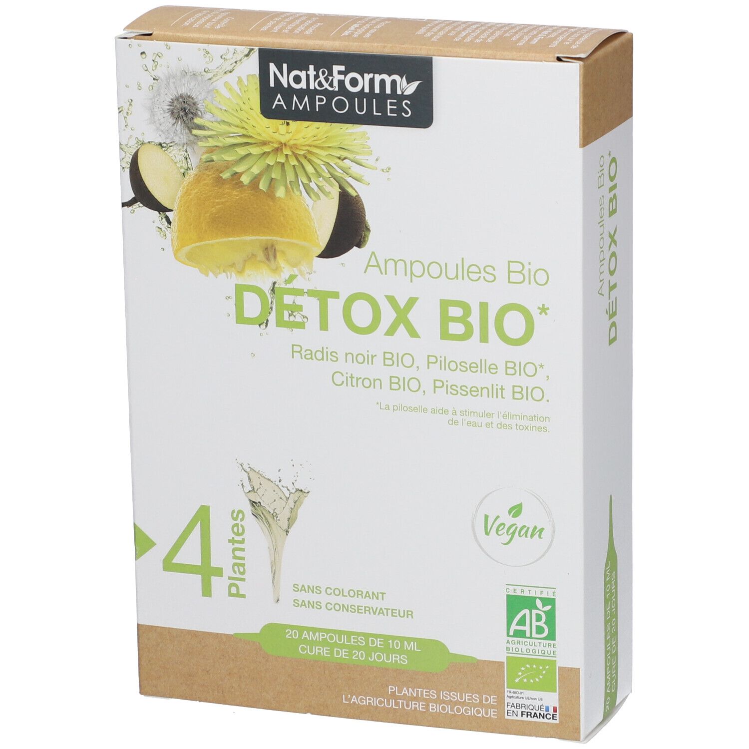 Boîte Nat & Form Ampoules Detox Bio. Contient 4 plantes, 20 ampoules. Label Vegan et certification AB.