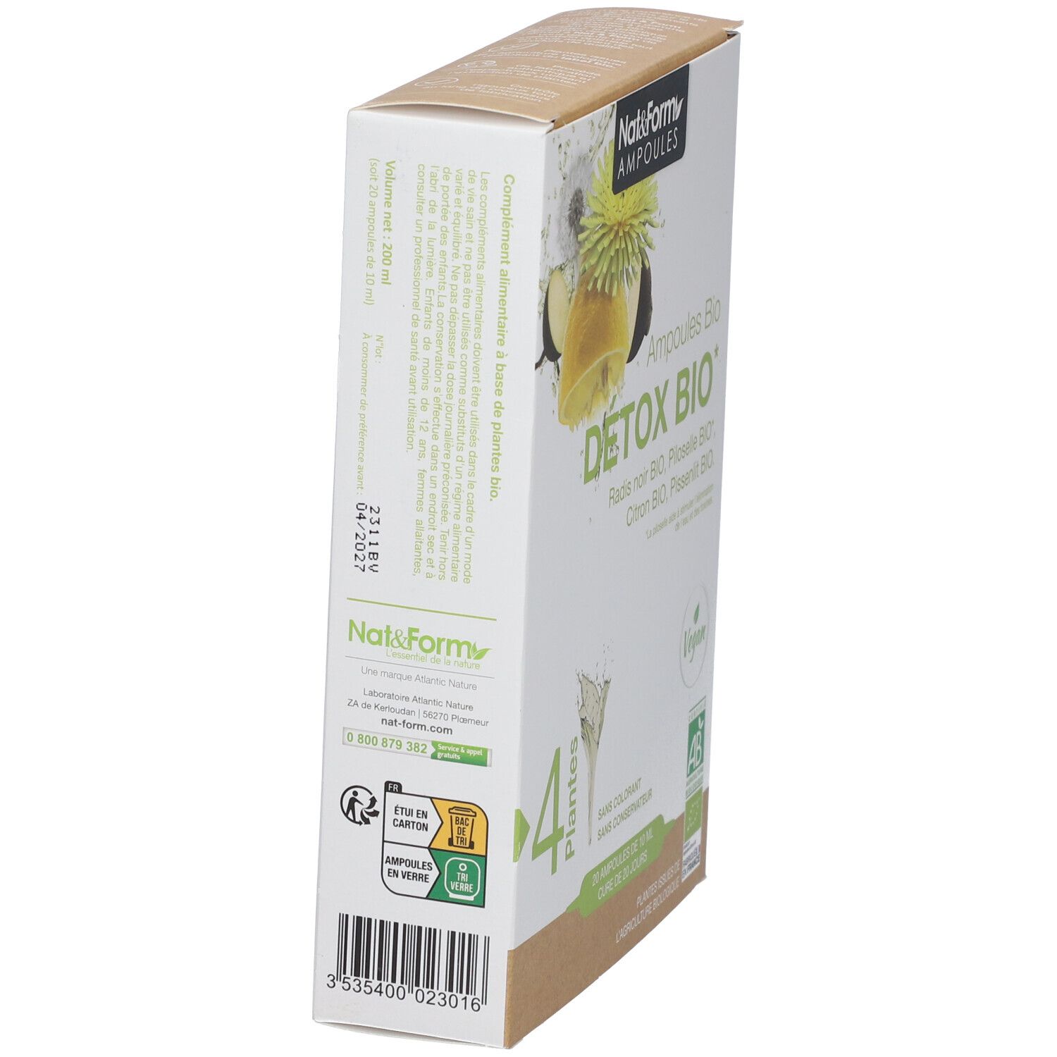 Boîte Nat & Form Ampoules Detox Bio, en biais. Contient 4 plantes, 20 ampoules. Label Vegan et AB.