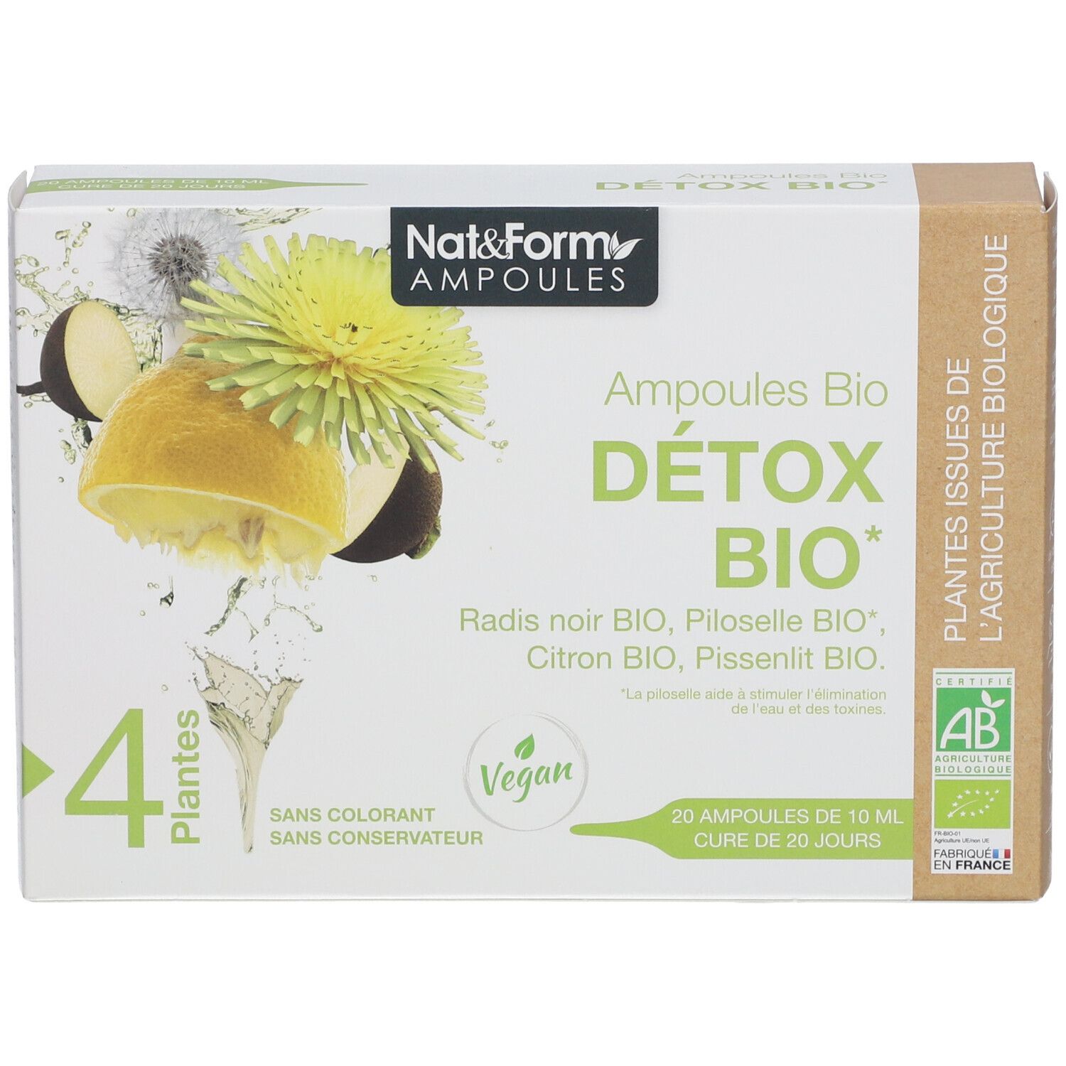 Boîte Nat & Form Ampoules Detox Bio. Contient 4 plantes, 20 ampoules. Label Vegan et certification AB.