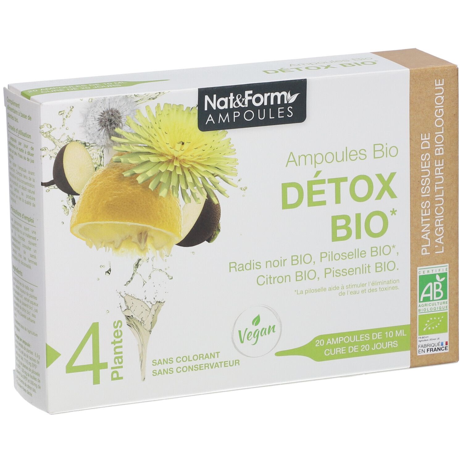 Boîte Nat & Form Ampoules Detox Bio. Contient 4 plantes, 20 ampoules. Label Vegan et certification AB.