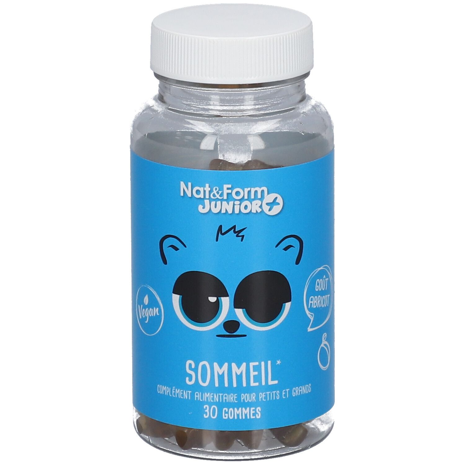 Flacon bleu, bouchon blanc. Étiquette avec visage d'ours, texte: Sommeil, 30 gommes, Nat & Form Junior.