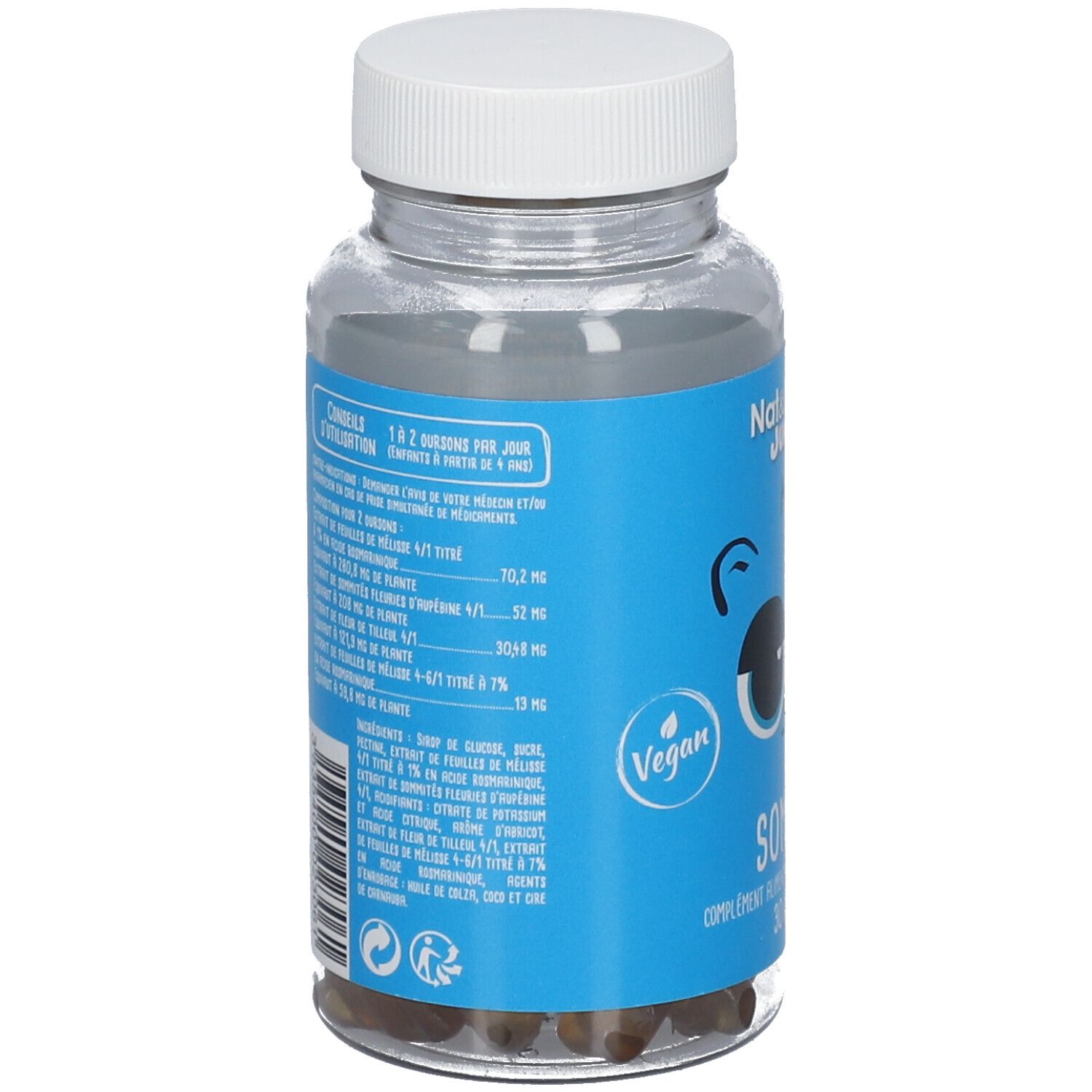 Dos du flacon bleu. Texte: Nat & Form Junior, ingrédients, dosage, logo vegan. Flacon transparent.