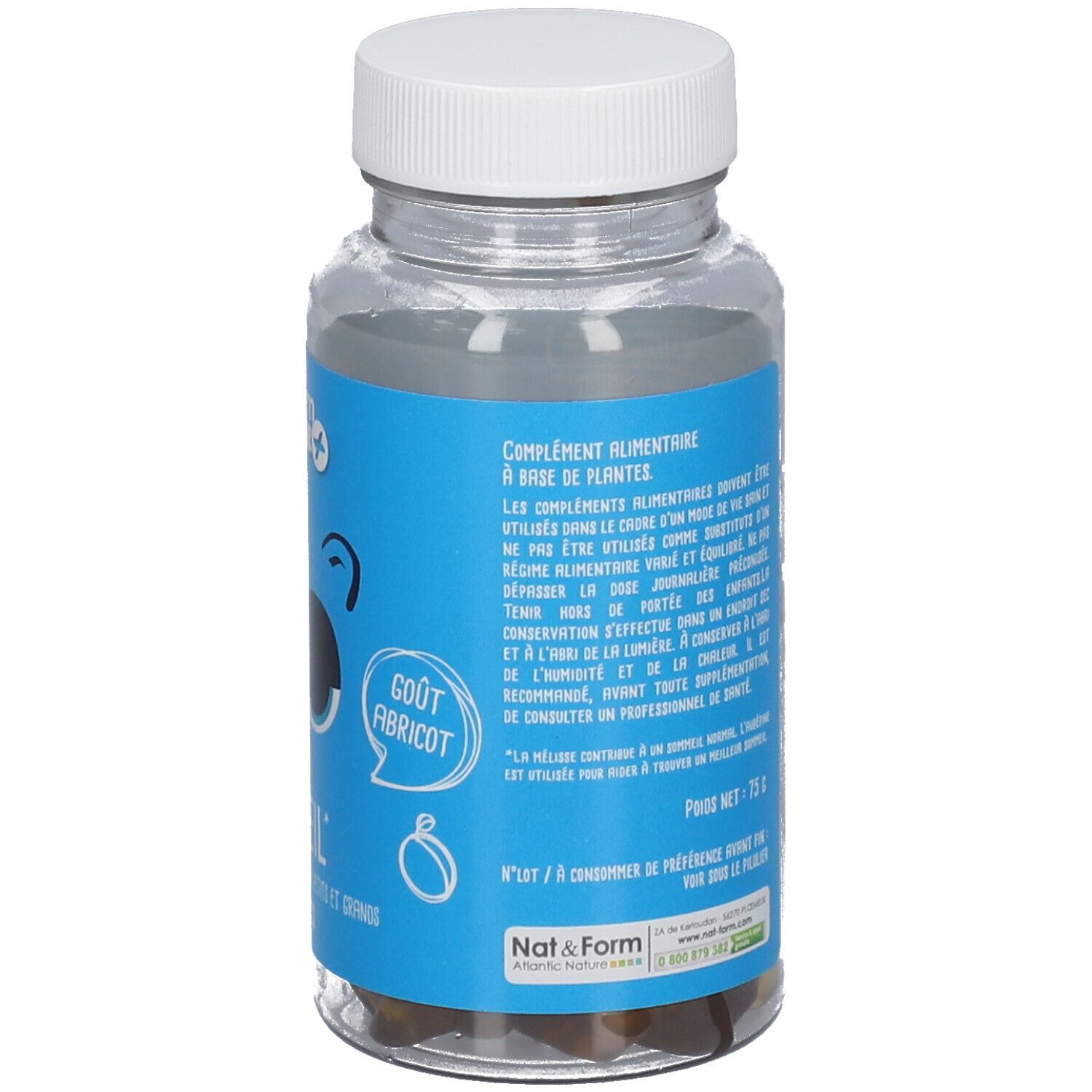 Dos du flacon. Texte: ingrédients, poids 75g, date limite. Flacon transparent avec gommes.