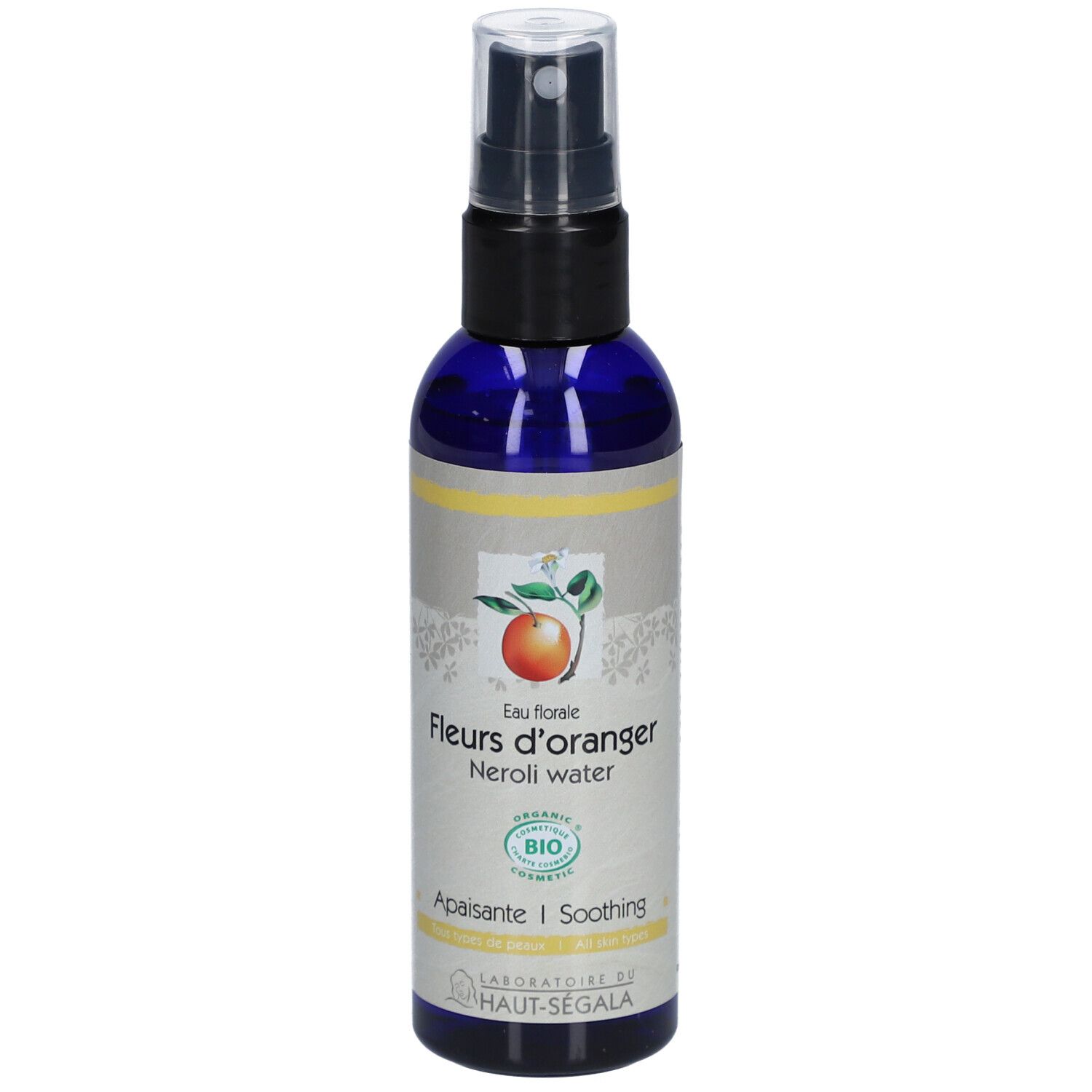 Flacon bleu avec vaporisateur. Inscription: Fleurs d'oranger, Neroli water. Certification bio.