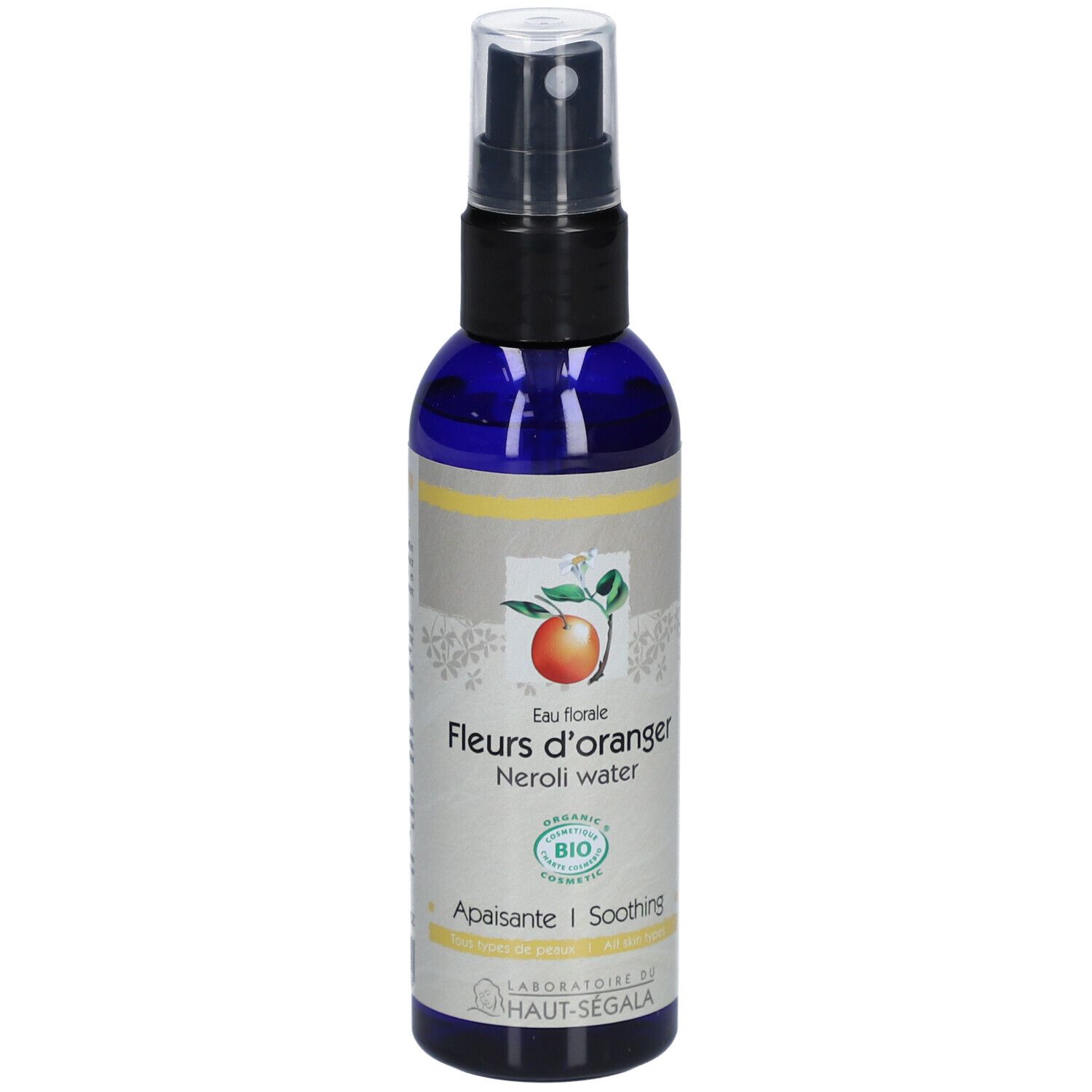 Flacon bleu avec vaporisateur. Inscription: Fleurs d'oranger, Neroli water. Certification bio.