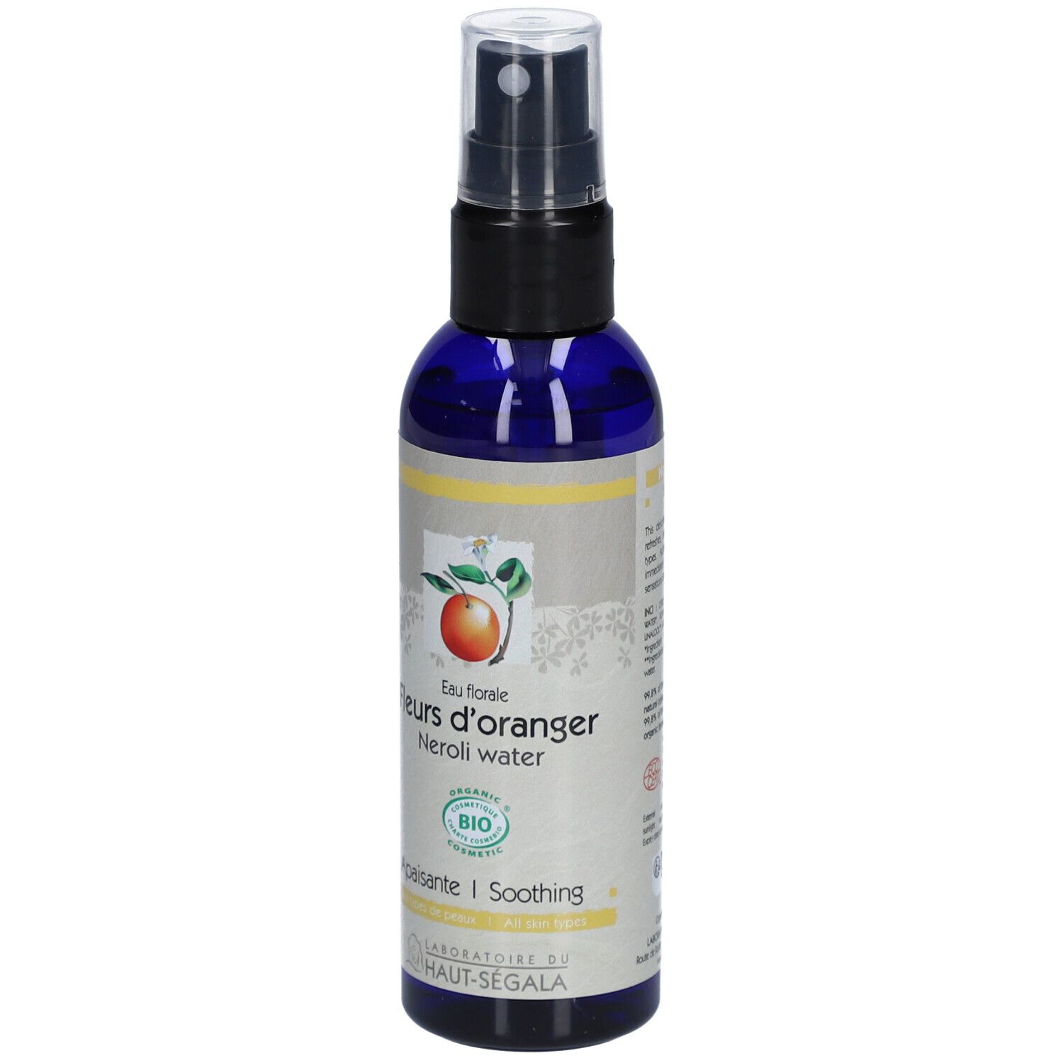 Flacon bleu avec vaporisateur. Inscription: Fleurs d'oranger, Neroli water. Certification bio.