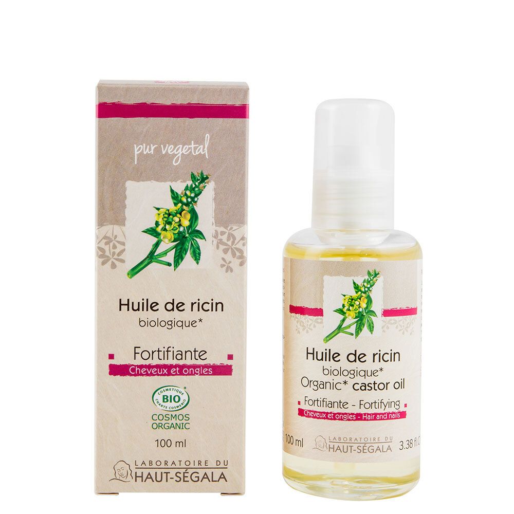 Flacon et boîte de Huile de ricin biologique. Inscription: Fortifiante, Cosmos Organic.
