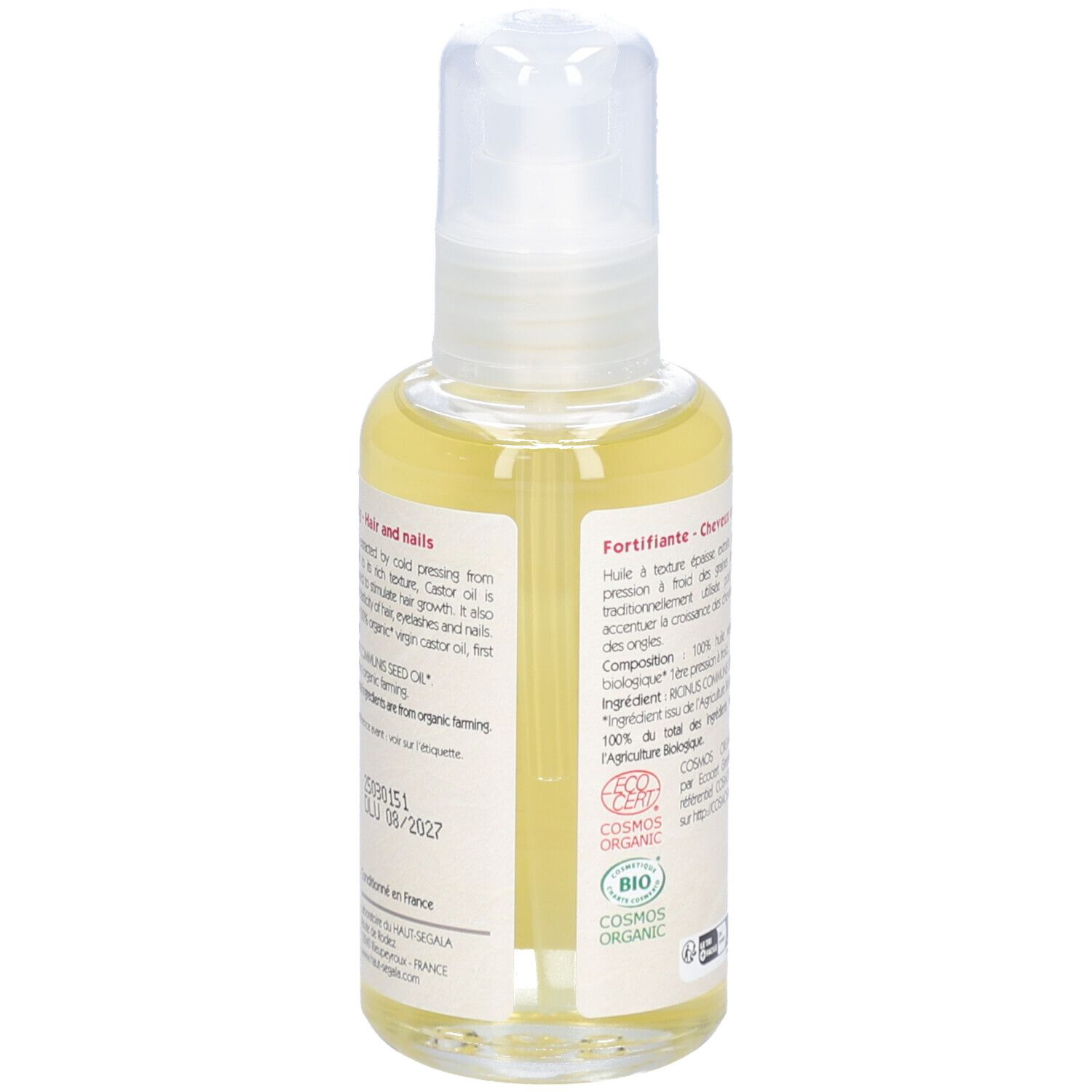 Vue arrière d'un flacon d'huile. Inscription: Huile de ricin biologique, Fortifiante, Cosmos Organic.