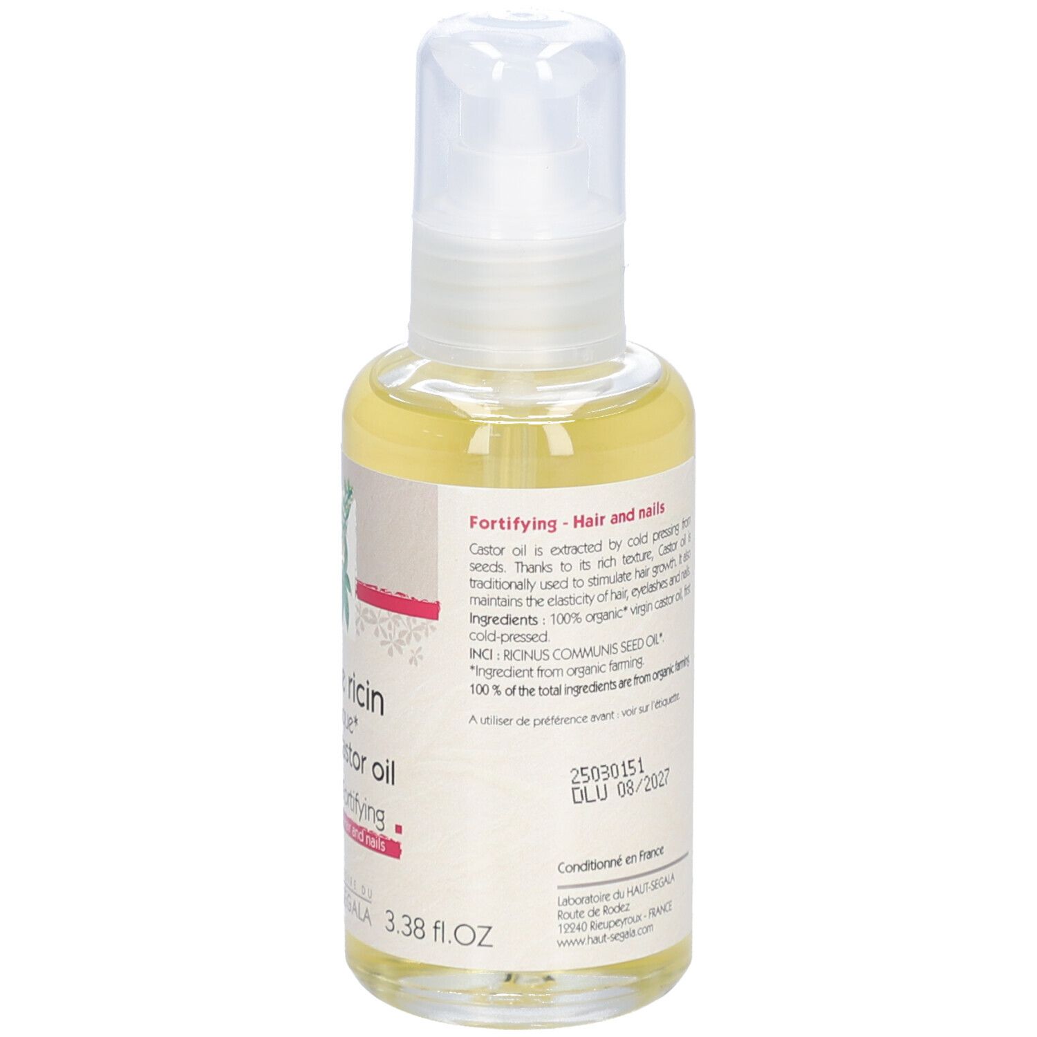 Vue arrière d'un flacon d'huile. Inscription: Huile de ricin biologique, Fortifiante, Cosmos Organic.