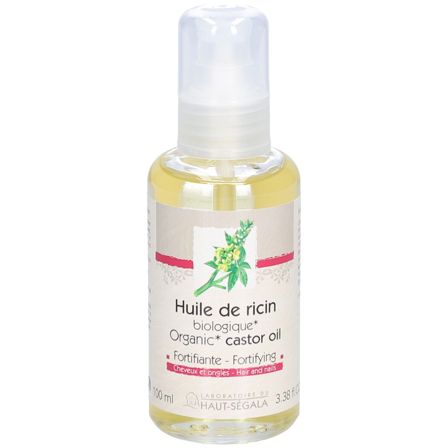 Flacon d'huile avec inscription: Huile de ricin biologique, Fortifiante, Cosmos Organic.