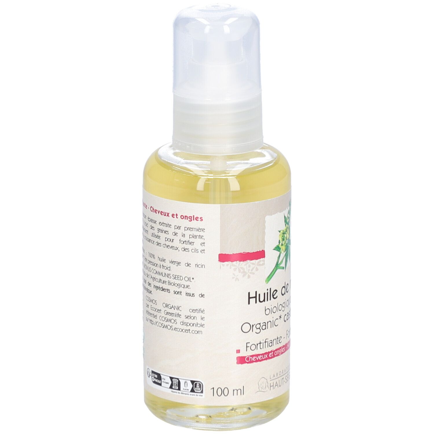 Flacon d'huile avec inscription: Huile de ricin biologique, Fortifiante, Cosmos Organic.