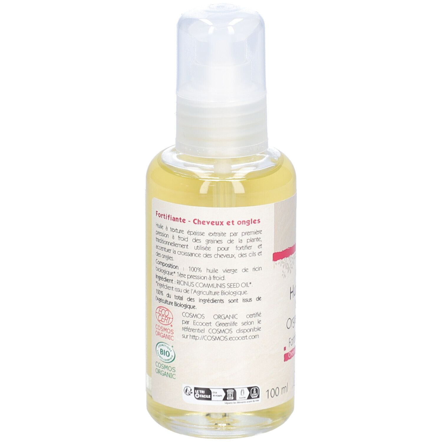 Flacon d'huile avec inscription: Huile de ricin biologique, Fortifiante, Cosmos Organic.