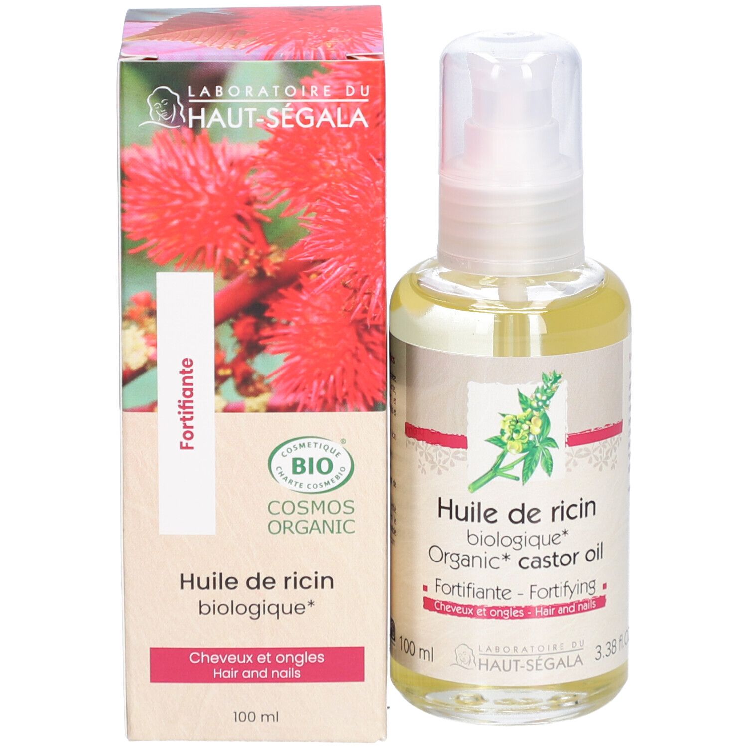 Flacon d'huile et carton. Inscription: Huile de ricin biologique, Fortifiante, Cosmos Organic.