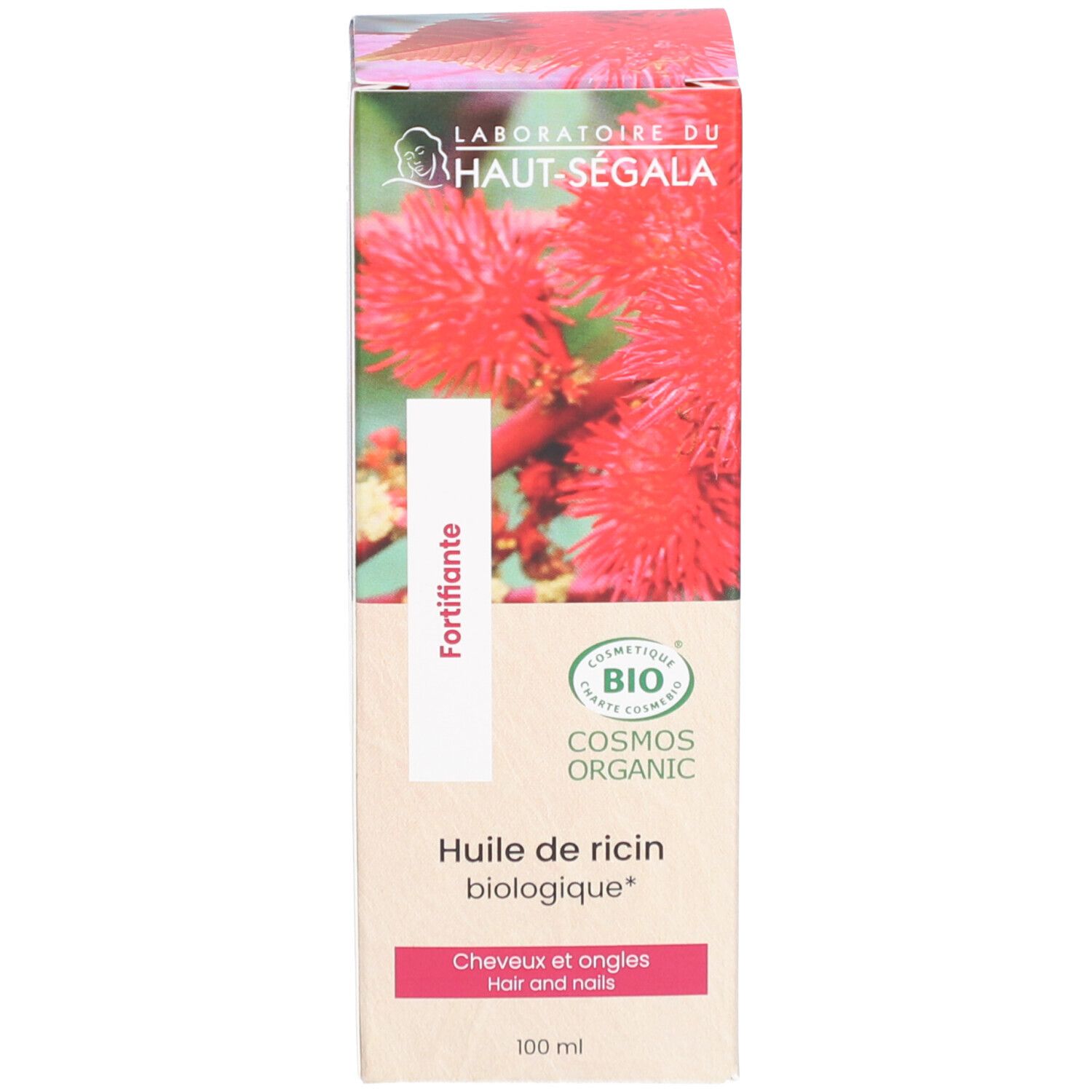 Carton avec inscription: Huile de ricin biologique, Fortifiante, Cosmos Organic.