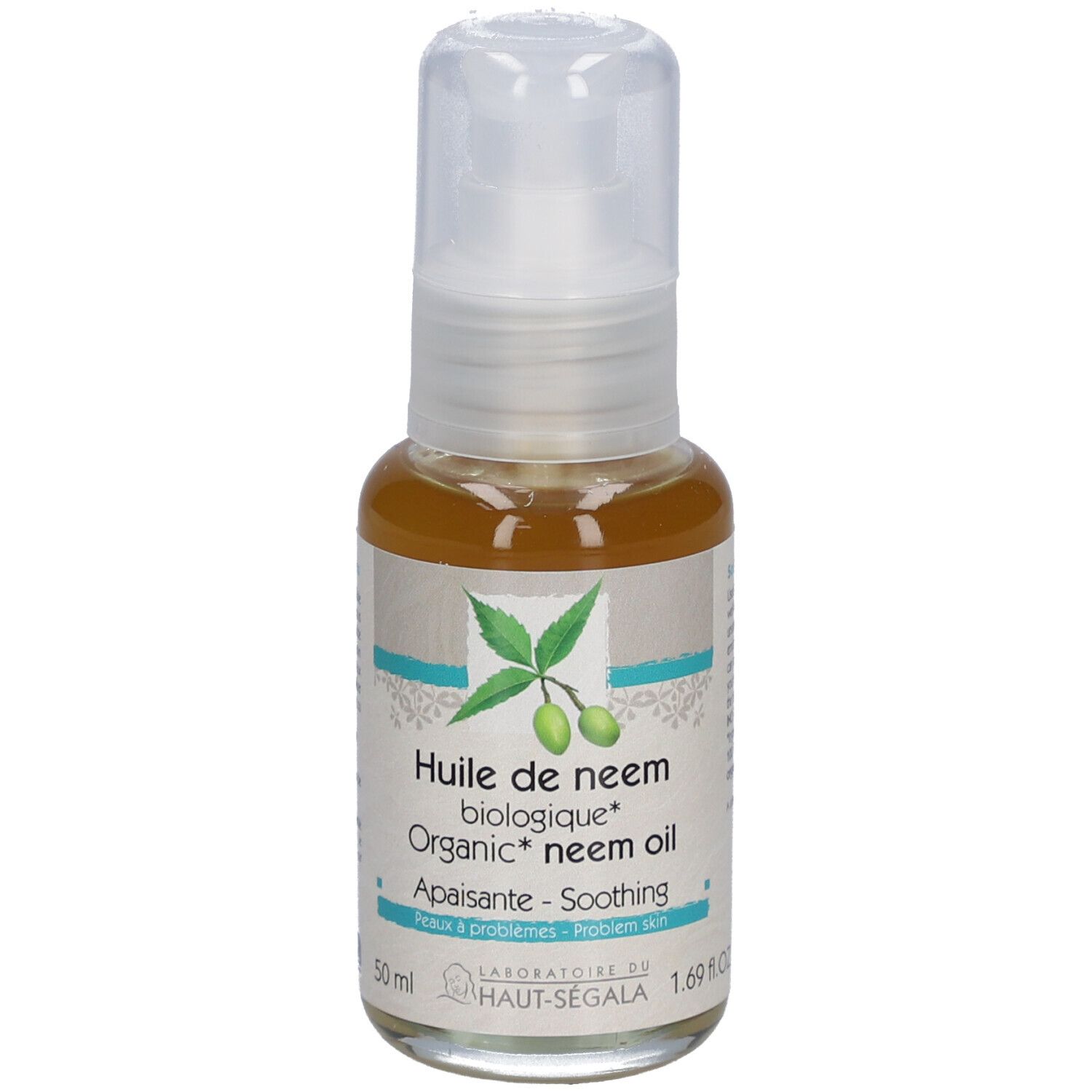 Flacon d'huile. Inscription: Huile de neem biologique. Certification bio. 50 ml. Avec distributeur.