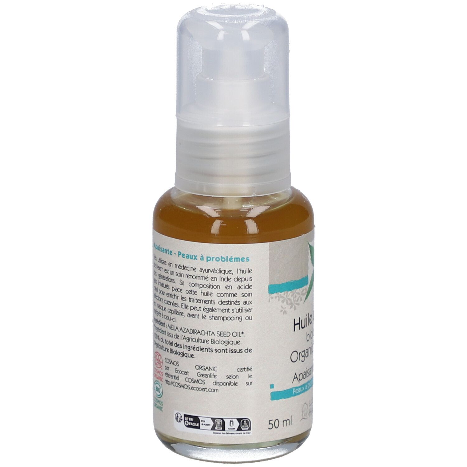 Dos du flacon d'huile. Texte: Huile de neem biologique. Ingrédients, certifications, 50 ml.