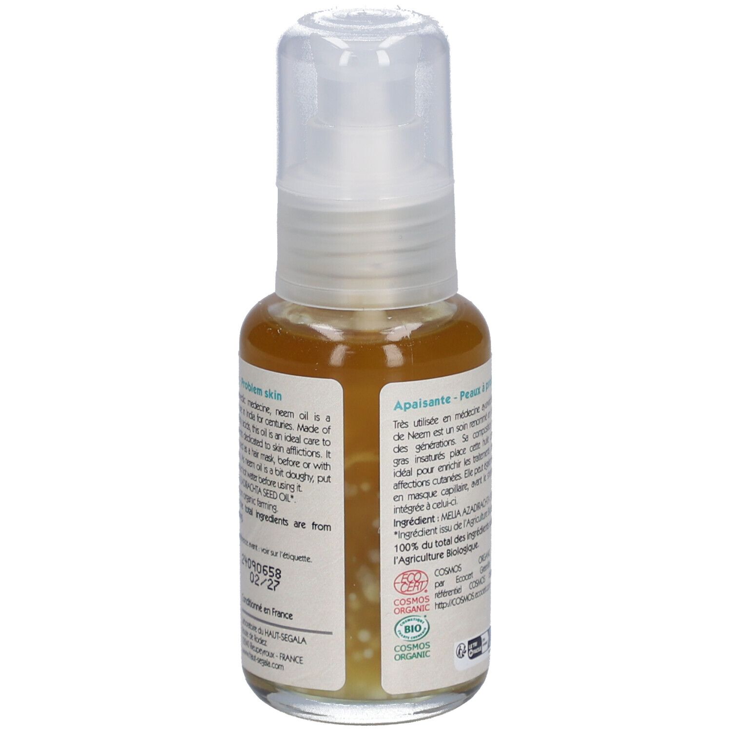 Dos du flacon d'huile. Texte: Huile de neem biologique. Ingrédients, certifications, 50 ml.