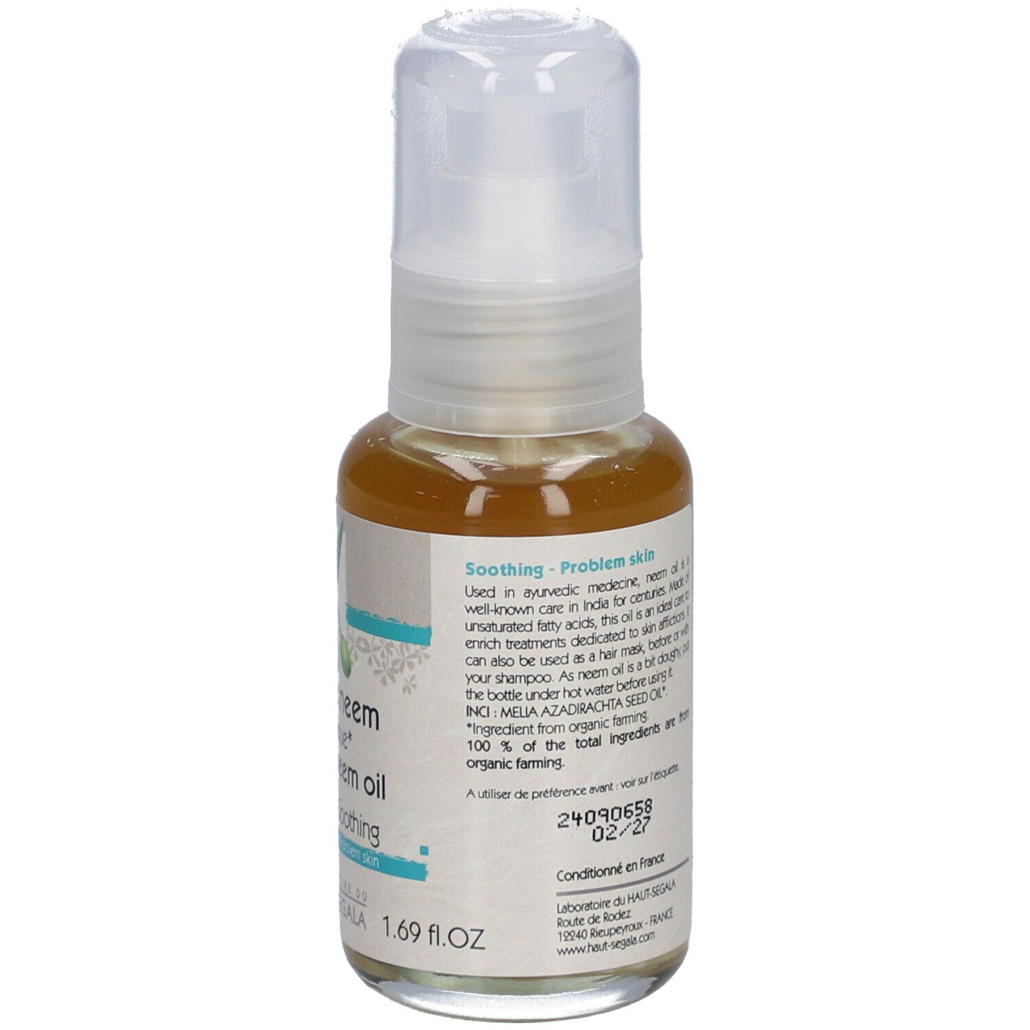 Dos du flacon d'huile. Texte: Huile de neem biologique. Ingrédients, certifications, 50 ml.