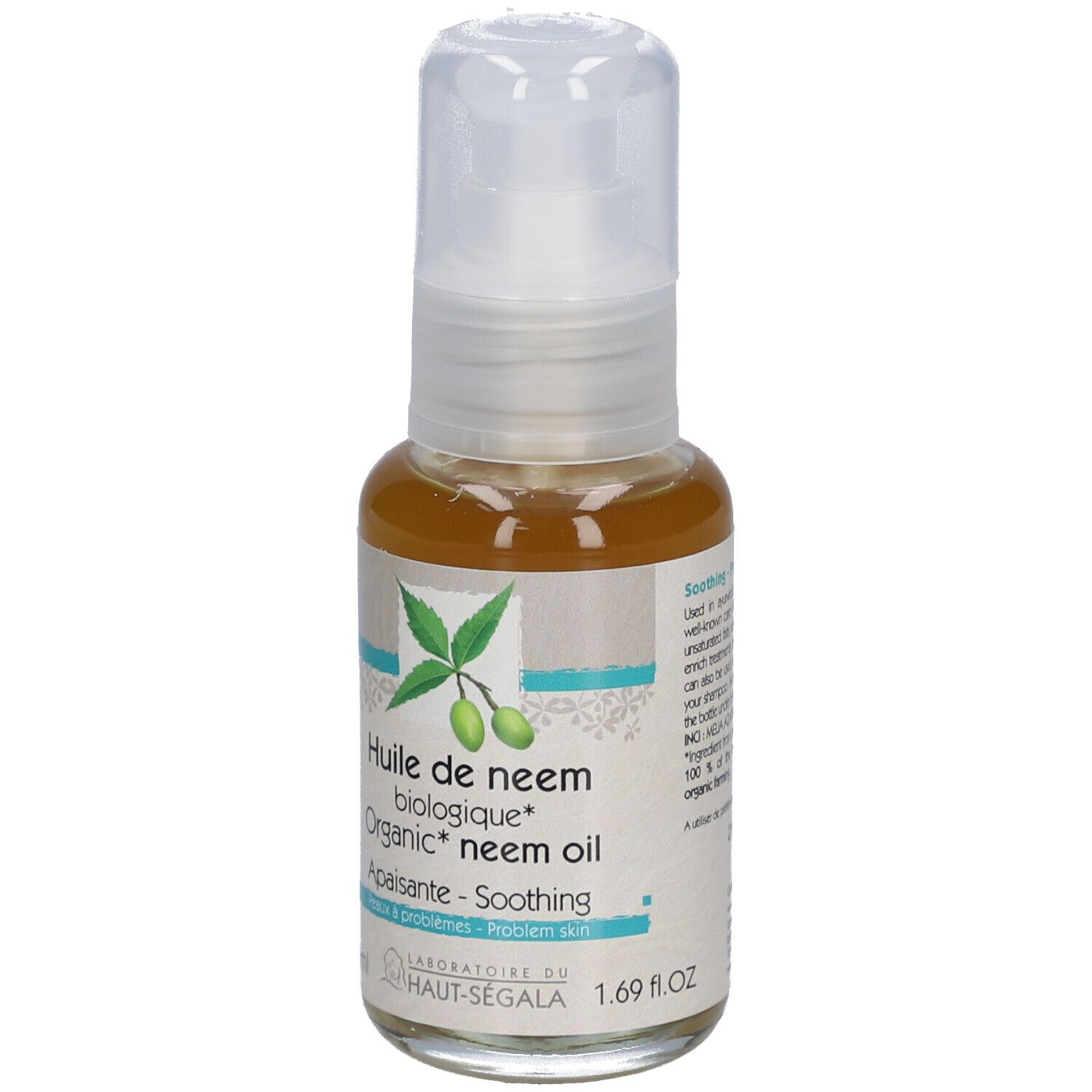 Flacon d'huile. Inscription: Huile de neem biologique. Certification bio. 1.69 fl.oz. Avec distributeur.