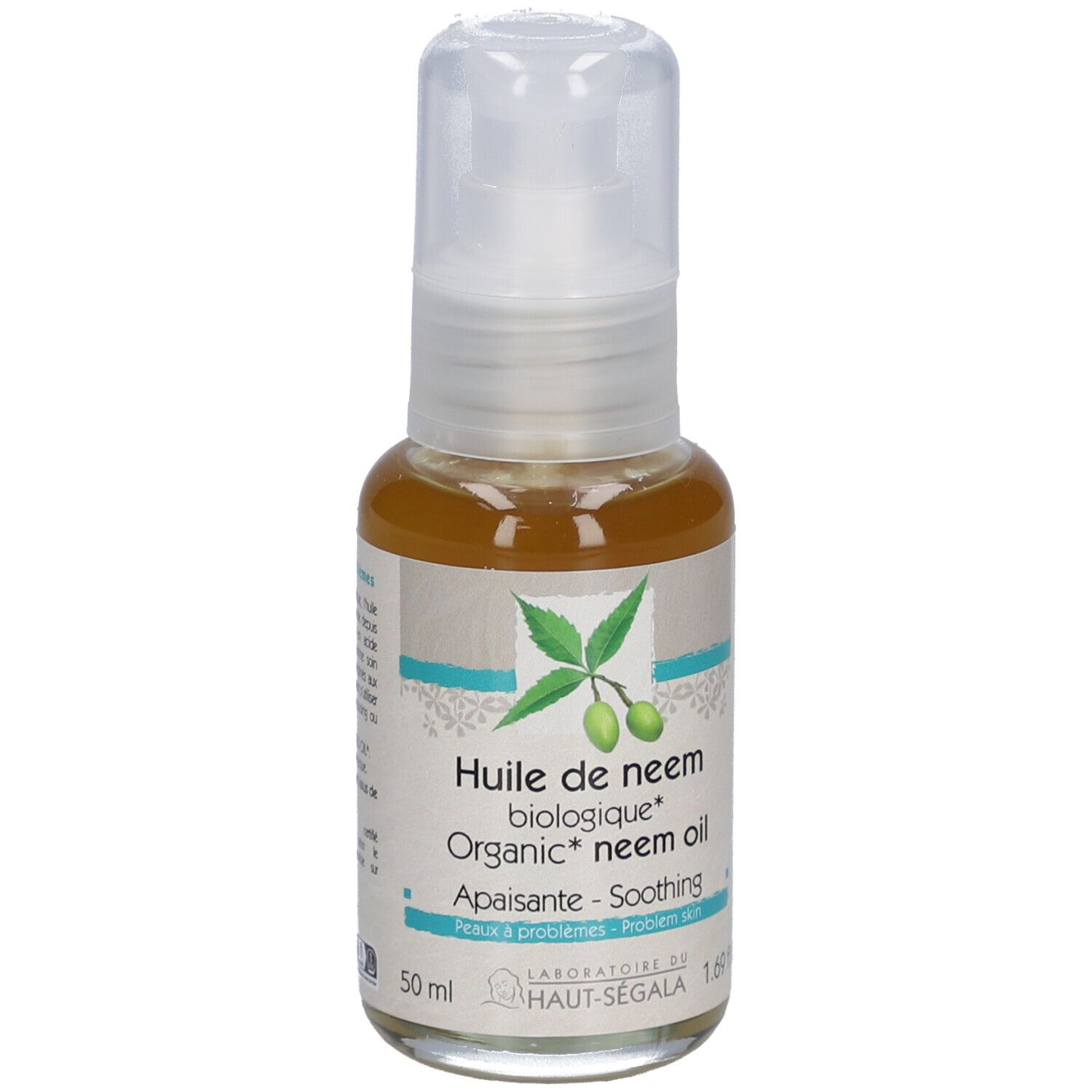 Flacon d'huile. Inscription: Huile de neem biologique. Certification bio. 50 ml. Avec distributeur.