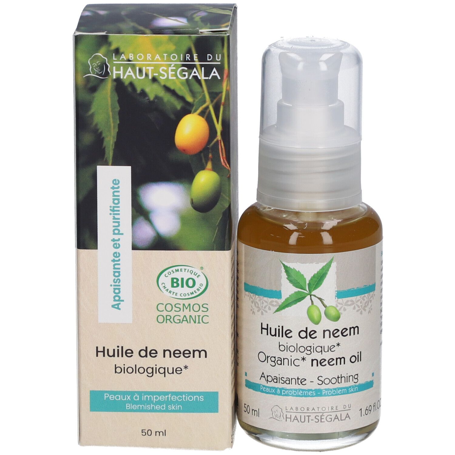 Boîte et flacon d'huile. Inscription: Huile de neem biologique. Certification bio. 50 ml.