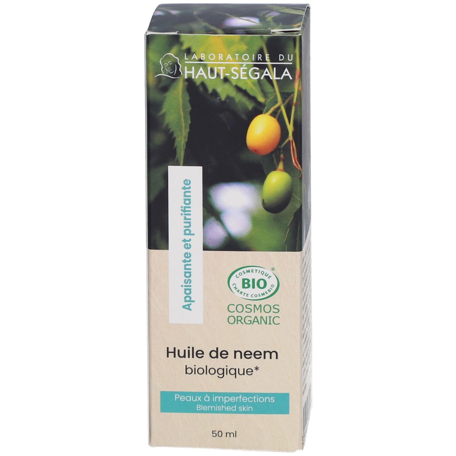 Boîte avec inscription: Huile de neem biologique. Certification bio. 50 ml.