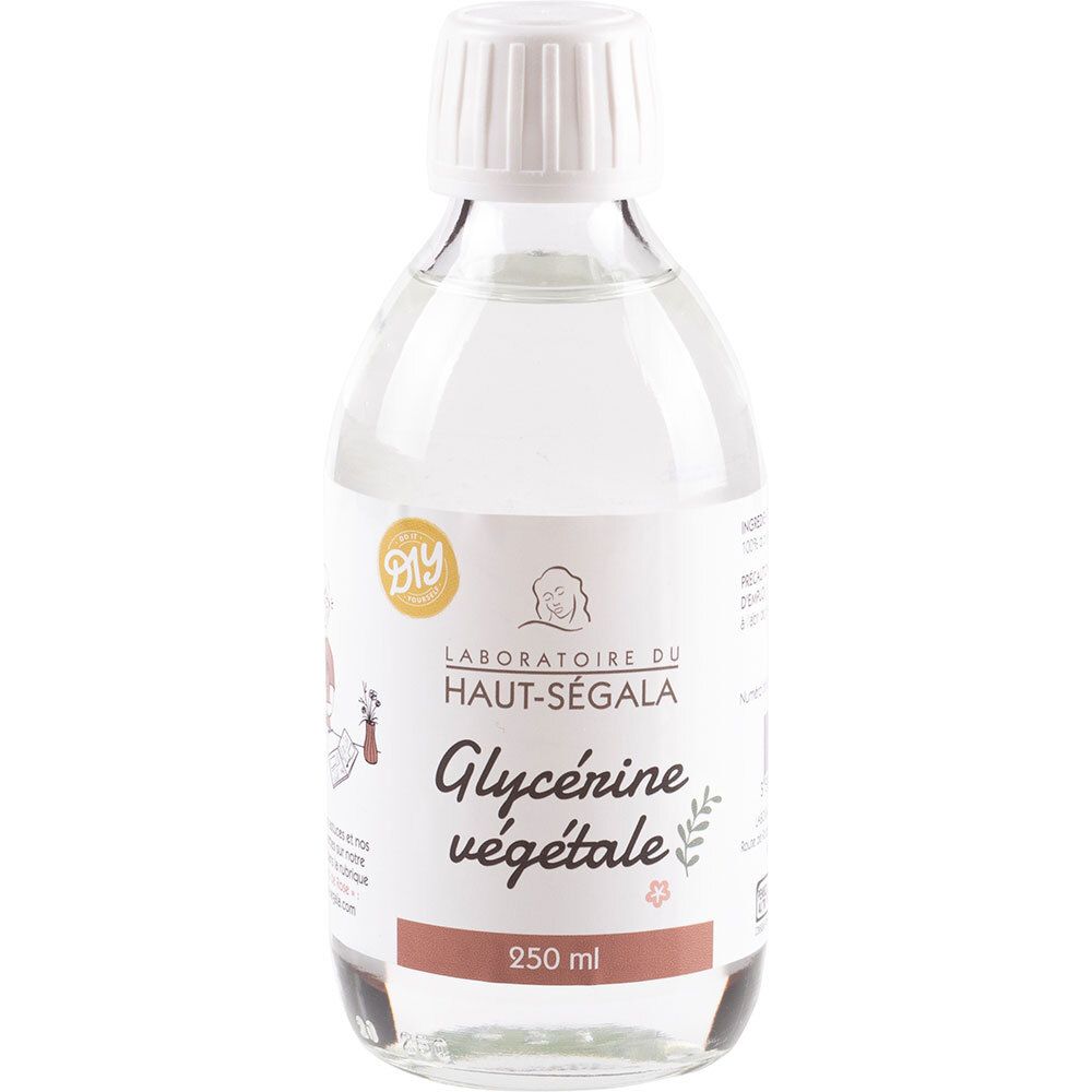Flacon en verre transparent avec bouchon blanc. Étiquette avec "Laboratoire du Haut-Ségala Glycérine végétale" et "250 ml".