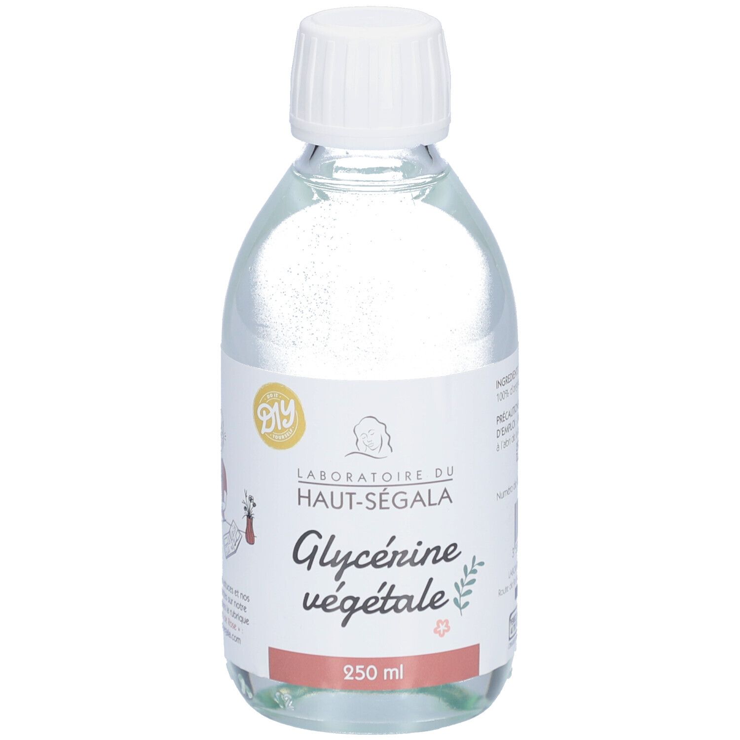 Flacon en verre transparent avec bouchon blanc. Étiquette avec "Laboratoire du Haut-Ségala Glycérine végétale" et "250 ml".