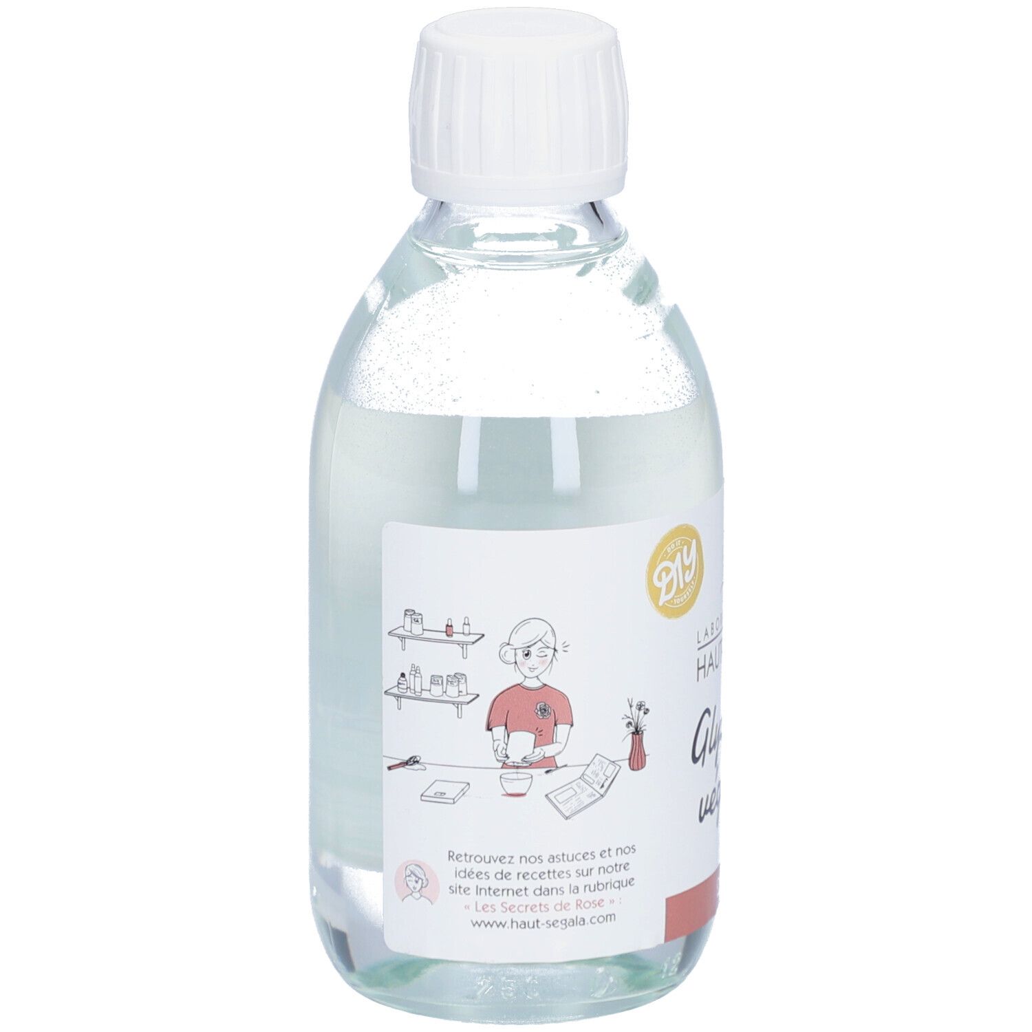 Flacon en verre transparent avec bouchon blanc. Étiquette avec "Laboratoire du Haut-Ségala Glycérine végétale" et "250 ml".