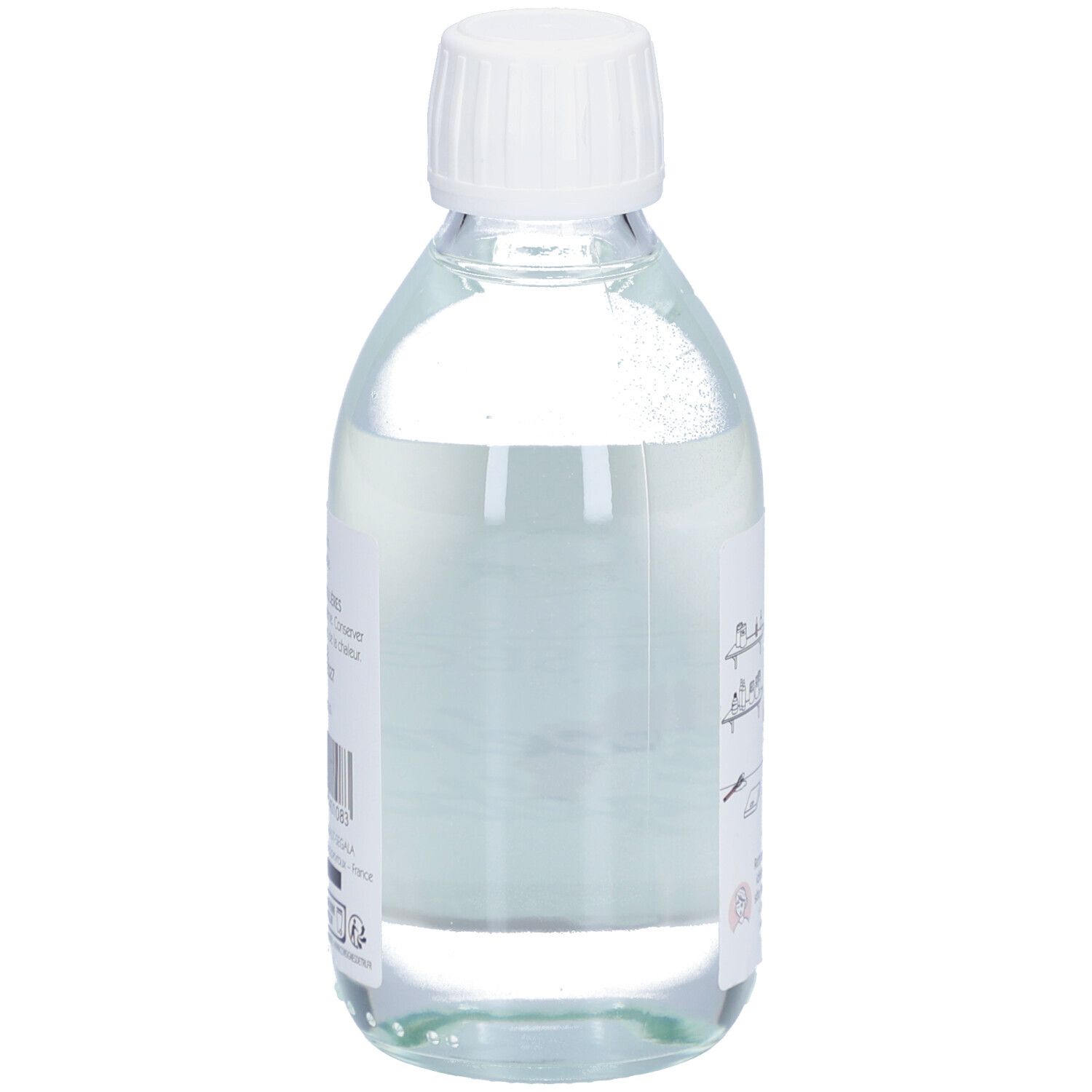 Flacon en verre transparent avec bouchon blanc. Étiquette avec "Laboratoire du Haut-Ségala Glycérine végétale" et "250 ml".