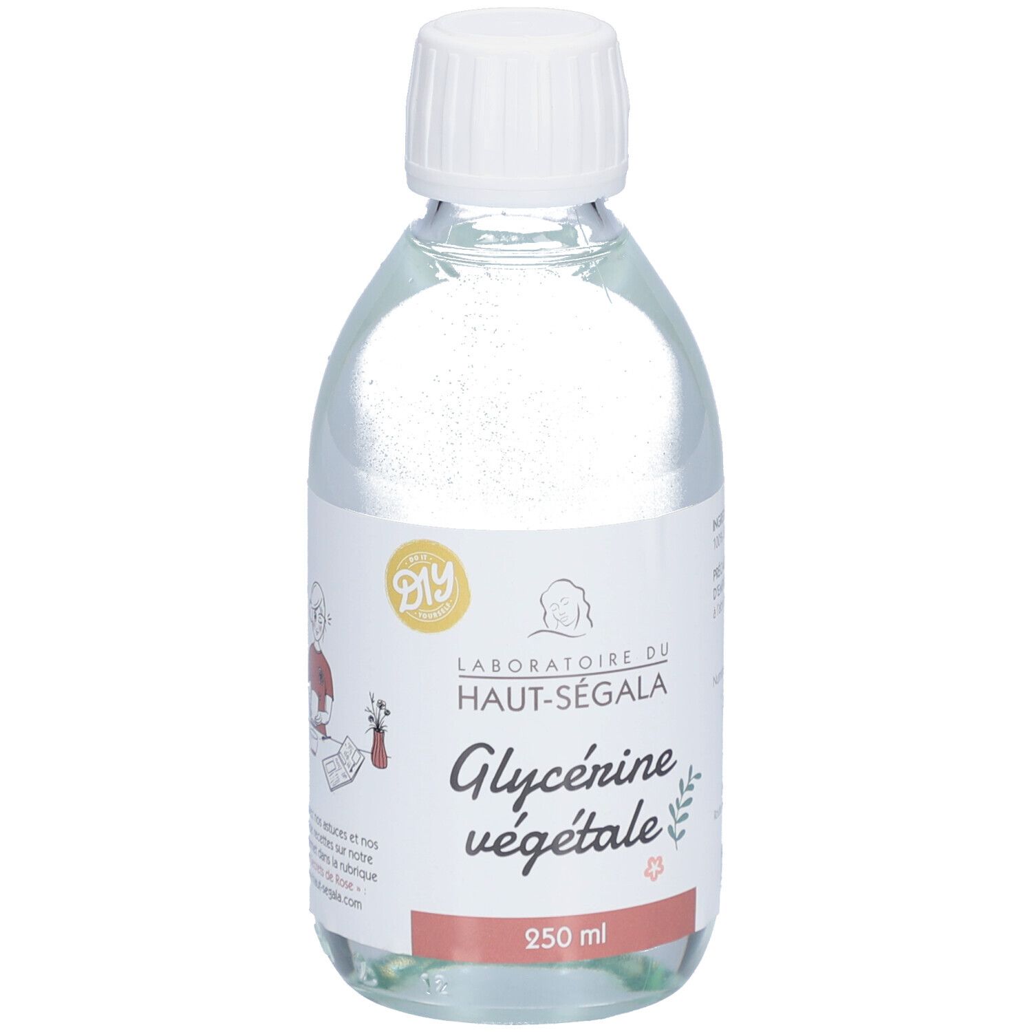 Flacon en verre transparent avec bouchon blanc. Étiquette avec "Laboratoire du Haut-Ségala Glycérine végétale" et "250 ml".