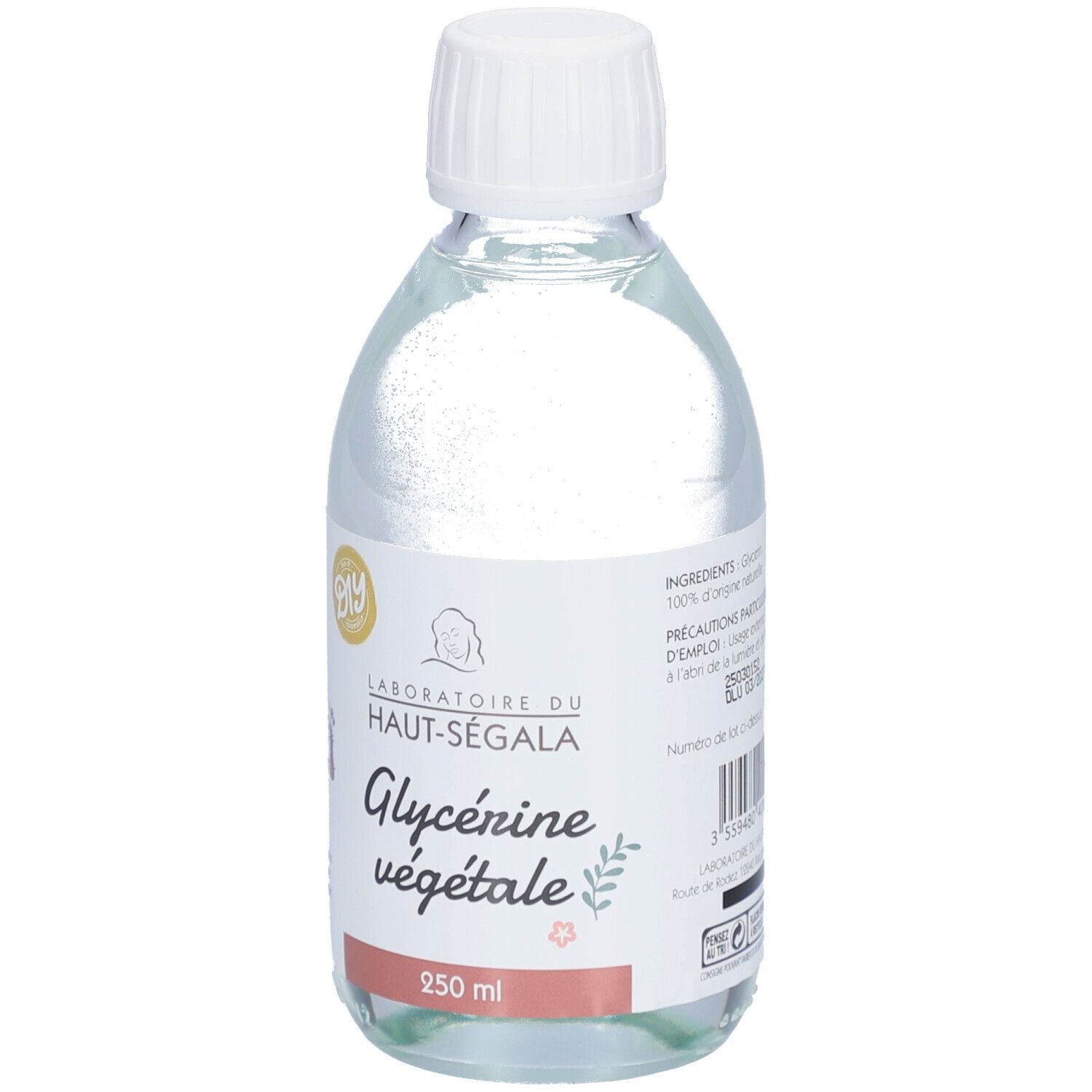 Flacon en verre transparent avec bouchon blanc. Étiquette avec "Laboratoire du Haut-Ségala Glycérine végétale" et "250 ml".