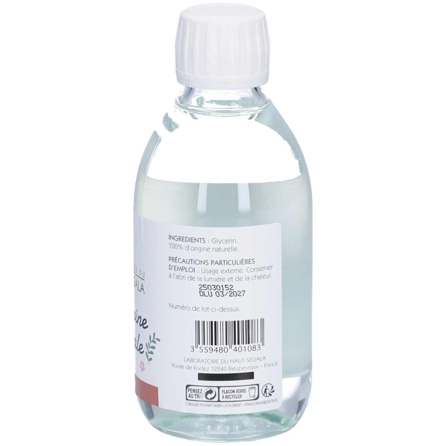 Flacon en verre transparent avec bouchon blanc. Étiquette avec "Laboratoire du Haut-Ségala Glycérine végétale" et "250 ml".