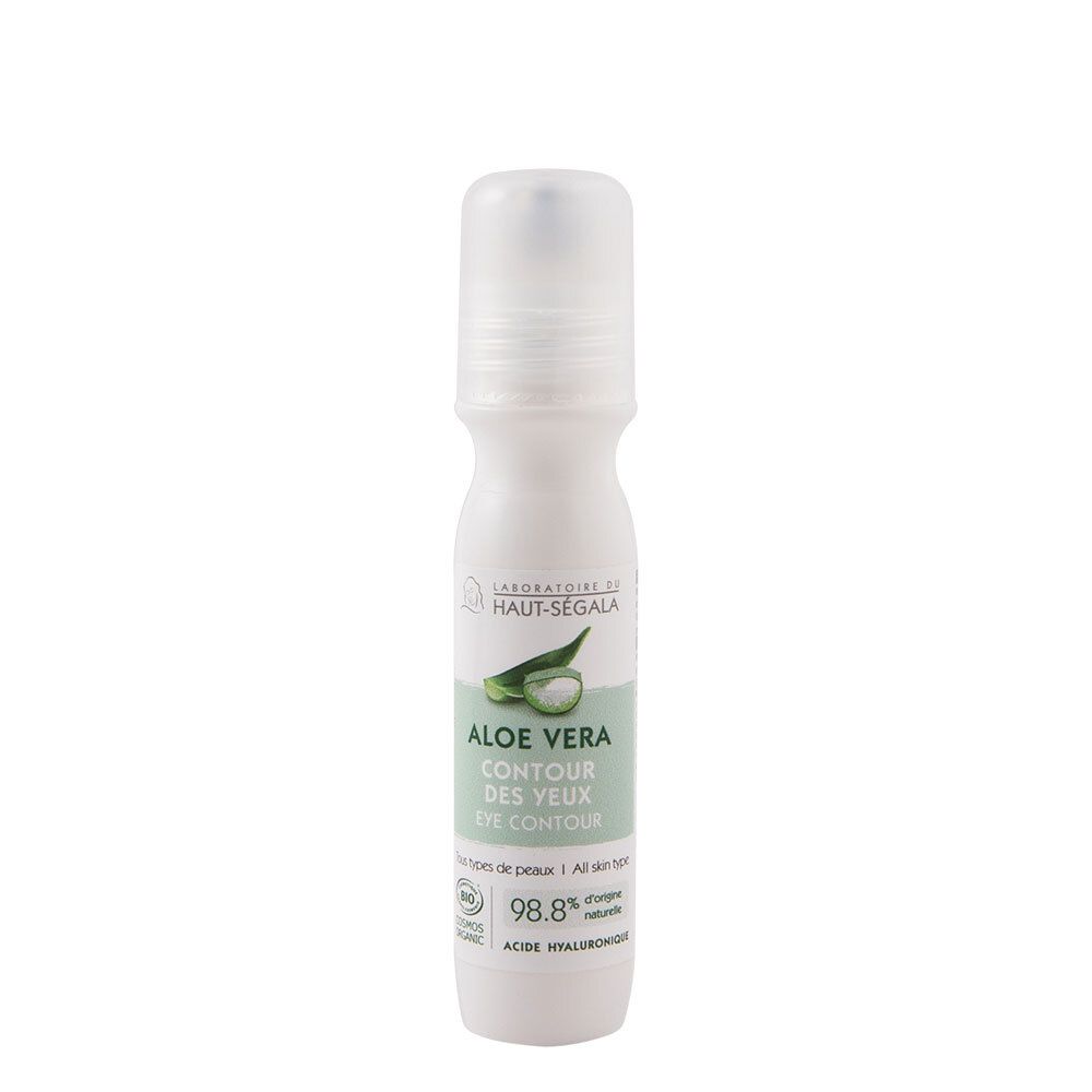 Flacon blanc avec applicateur roll-on. Inscription: Aloe Vera Contour des Yeux. Étiquette avec logo et texte.