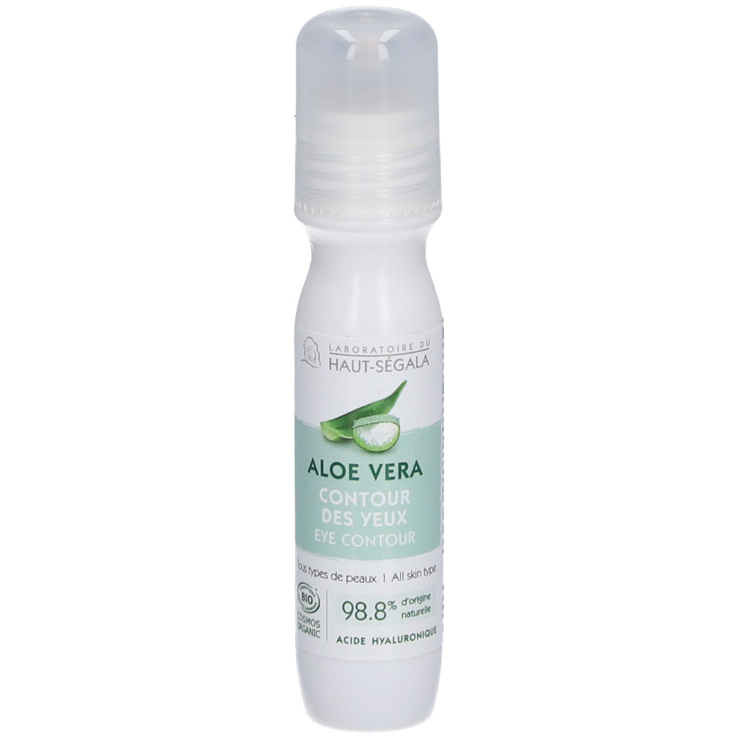 Flacon blanc avec applicateur roll-on. Inscription: Aloe Vera Contour des Yeux. Étiquette avec logo et texte.