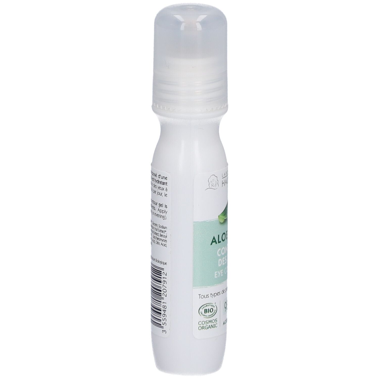 Flacon blanc avec applicateur roll-on. Inscription: Aloe Vera Contour des Yeux. Étiquette avec logo et texte.