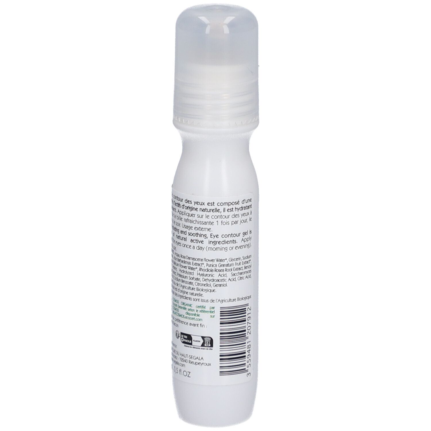 Flacon blanc avec applicateur roll-on. Inscription: Aloe Vera Contour des Yeux. Étiquette avec logo et texte.