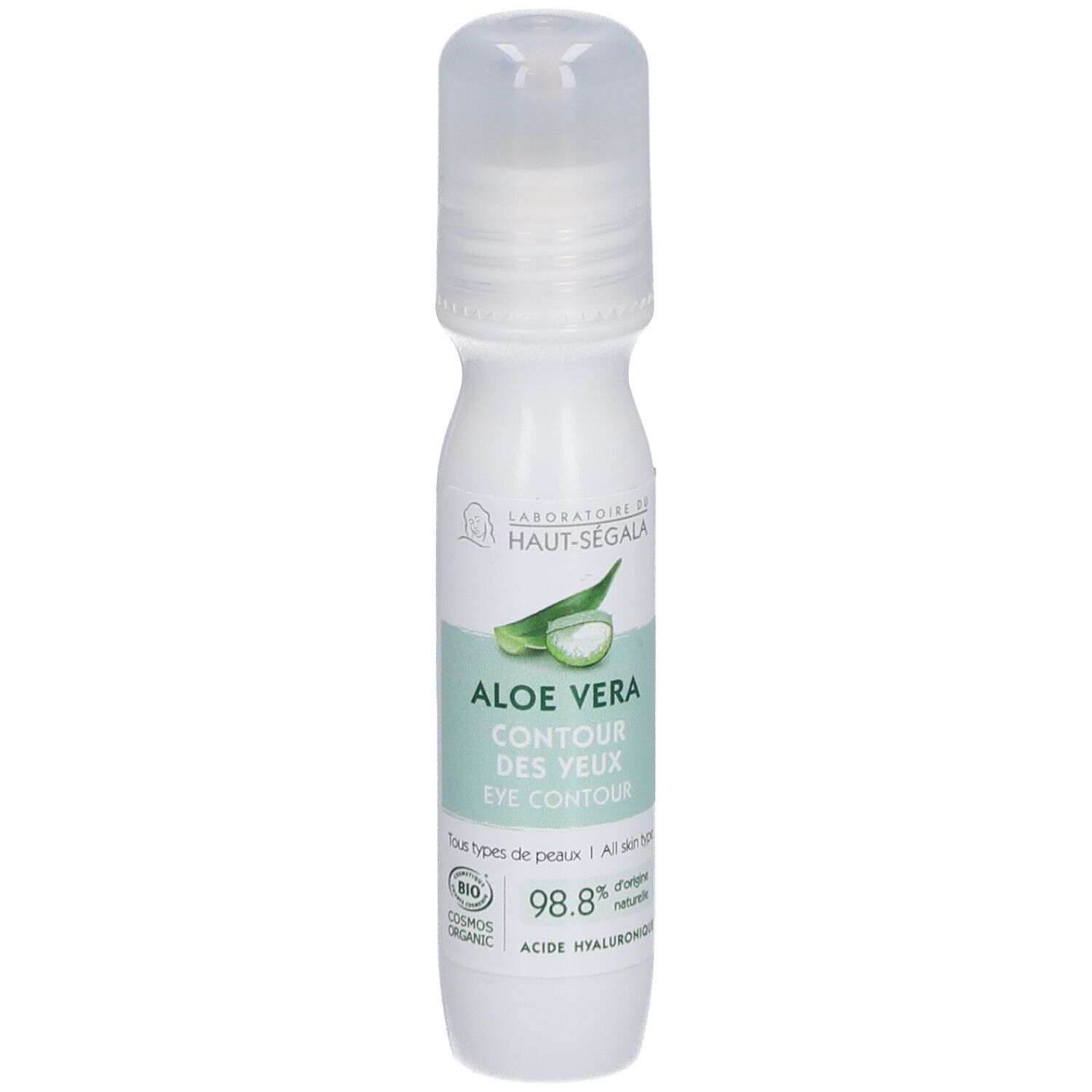 Flacon blanc avec applicateur roll-on. Inscription: Aloe Vera Contour des Yeux. Étiquette avec logo et texte.
