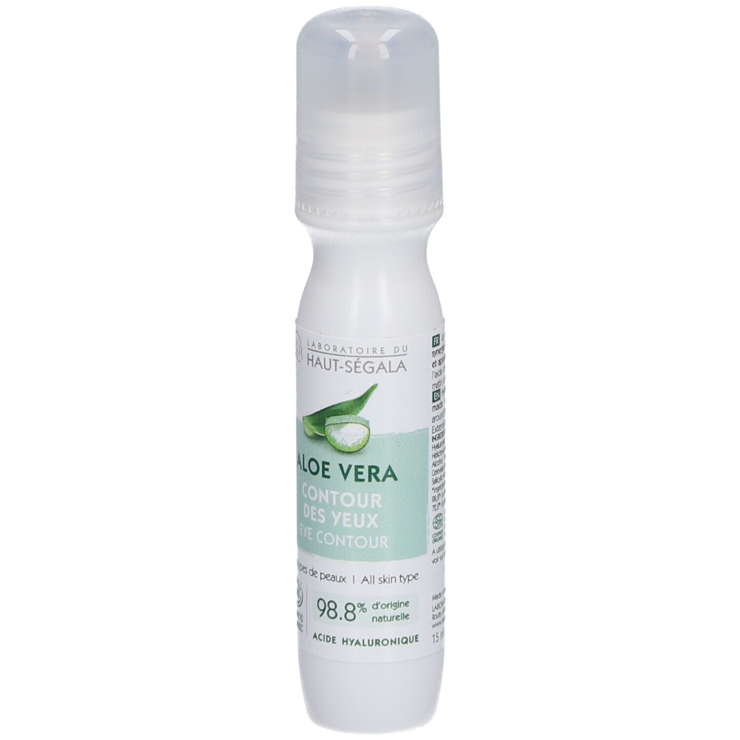 Flacon blanc avec applicateur roll-on. Inscription: Aloe Vera Contour des Yeux. Étiquette avec logo et texte.